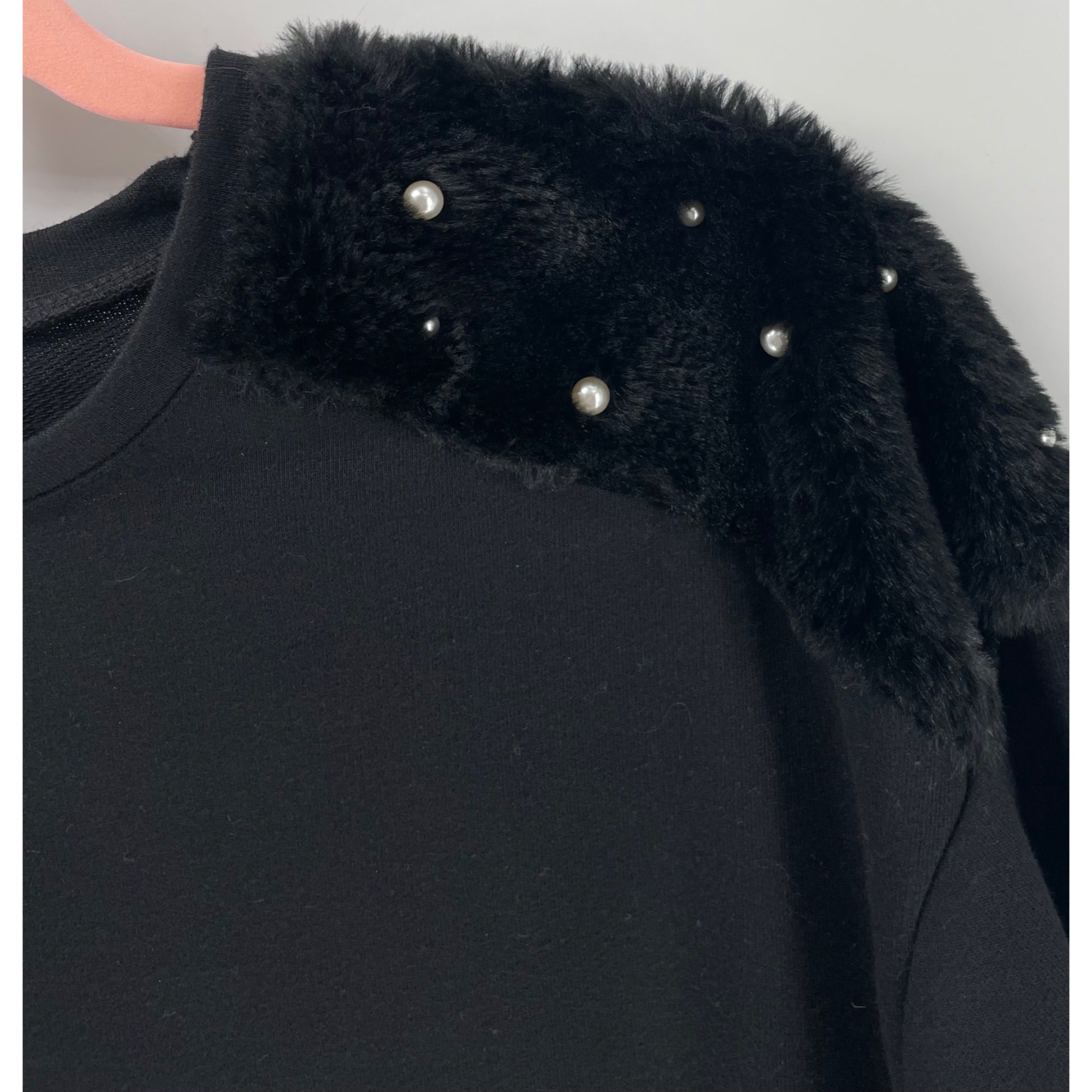 Zara Women’s Small Black Women’s Faux Fur & Pearl Shoulder Long-Sleeved Top