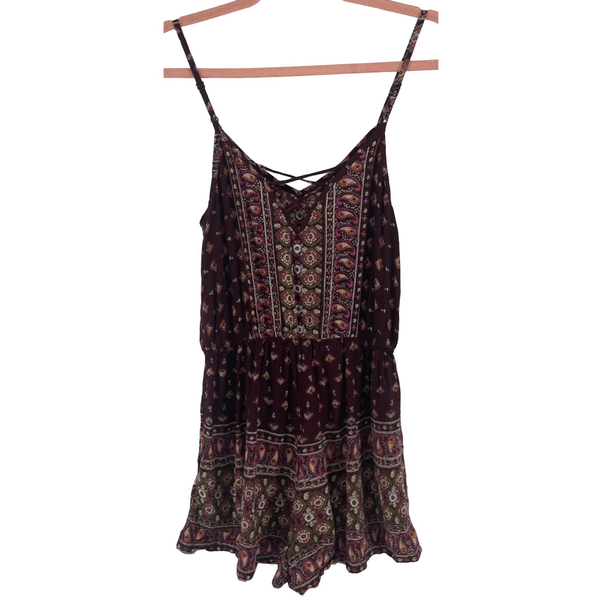 Angie Women's Size Small Maroon/Orange/Fuchsia/Olive Paisley Print Romper
