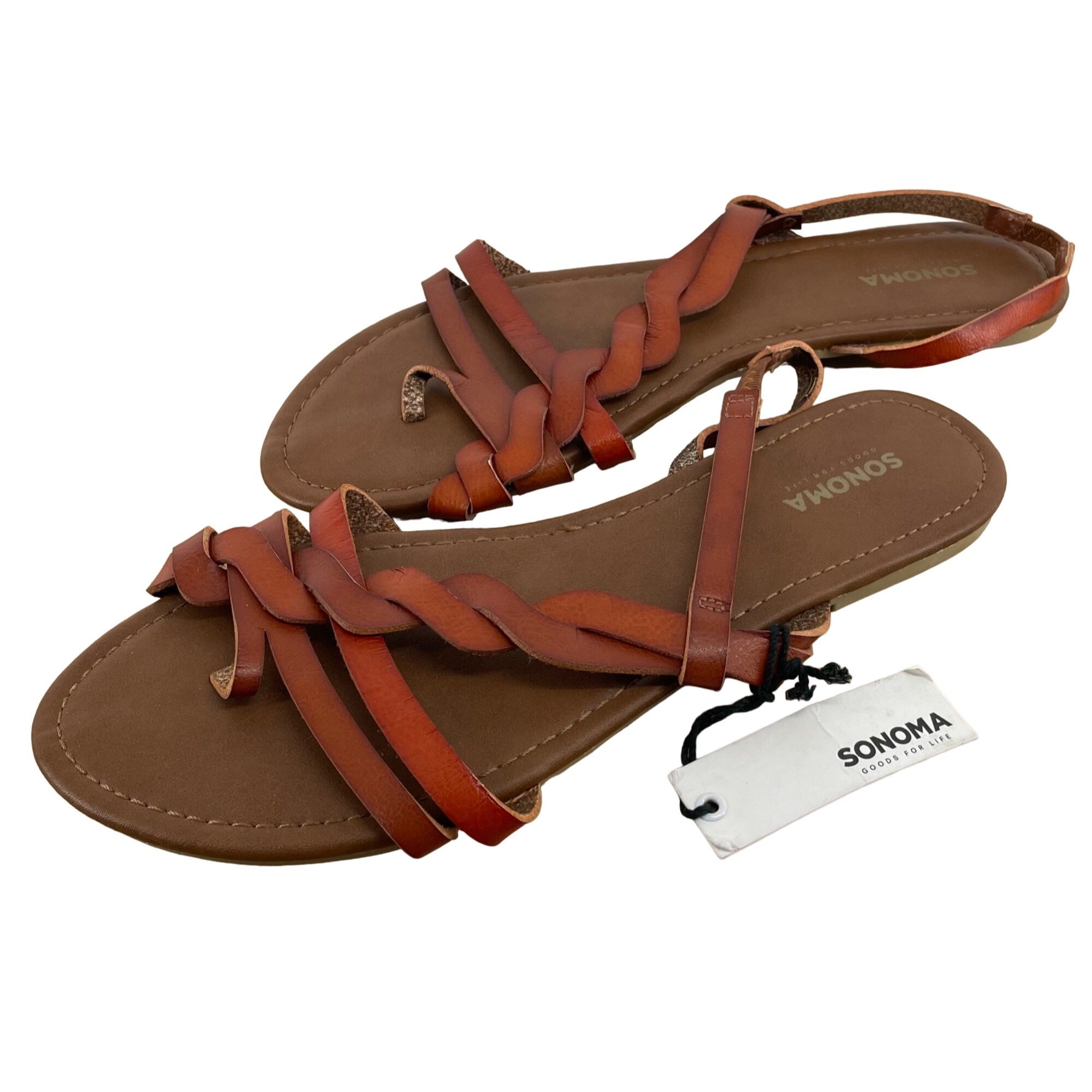 NWT Sonoma Women's Size L 9/10 Faux Leather Cognac Sandals