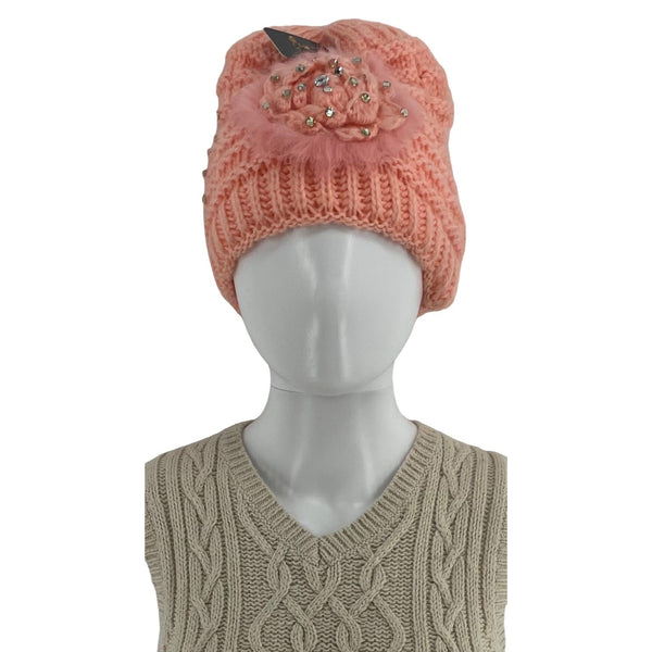 NWT GK Girl's Pink Crochet Beanie W/ Crocheted Flower, Pink Feathers & Rhinestone Embellishment