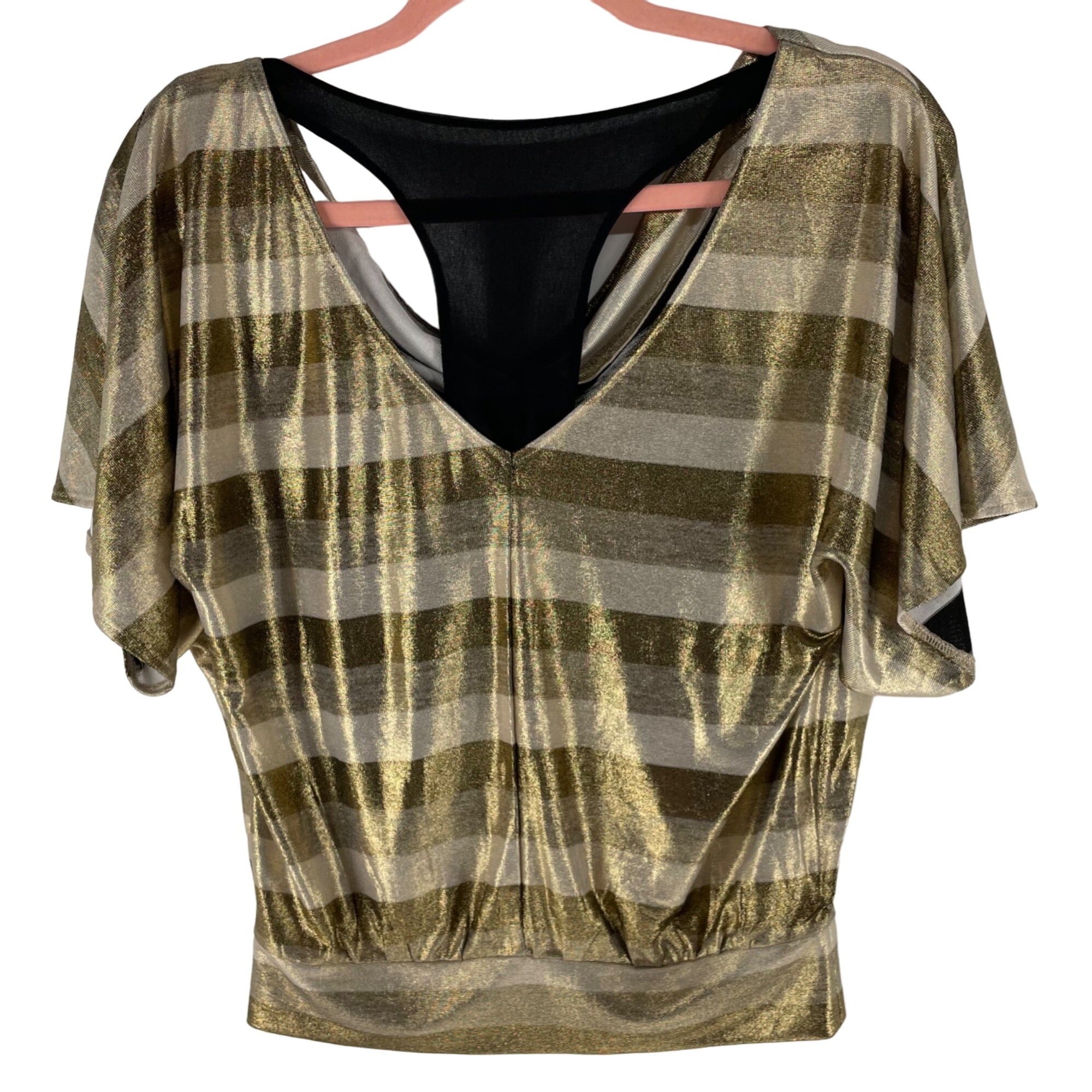 Express Women's Size XS Cowl Neck Short-Sleeved Gold-Striped Blouse