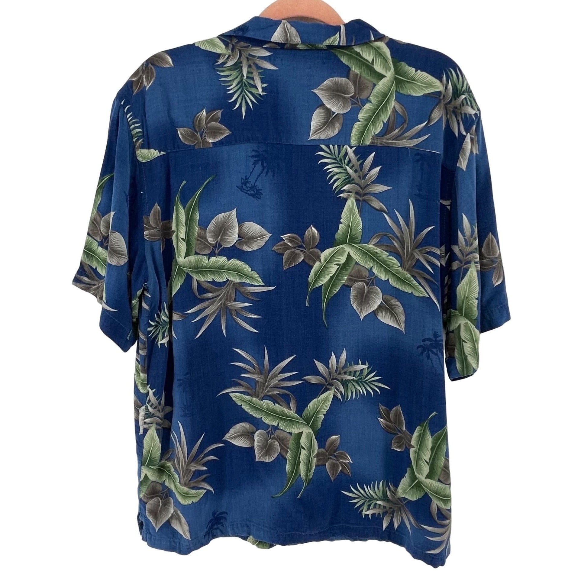 Men's Size Medium Vintage Blue/Green/Grey/White Tropical Hawaiian Button-Down Shirt
