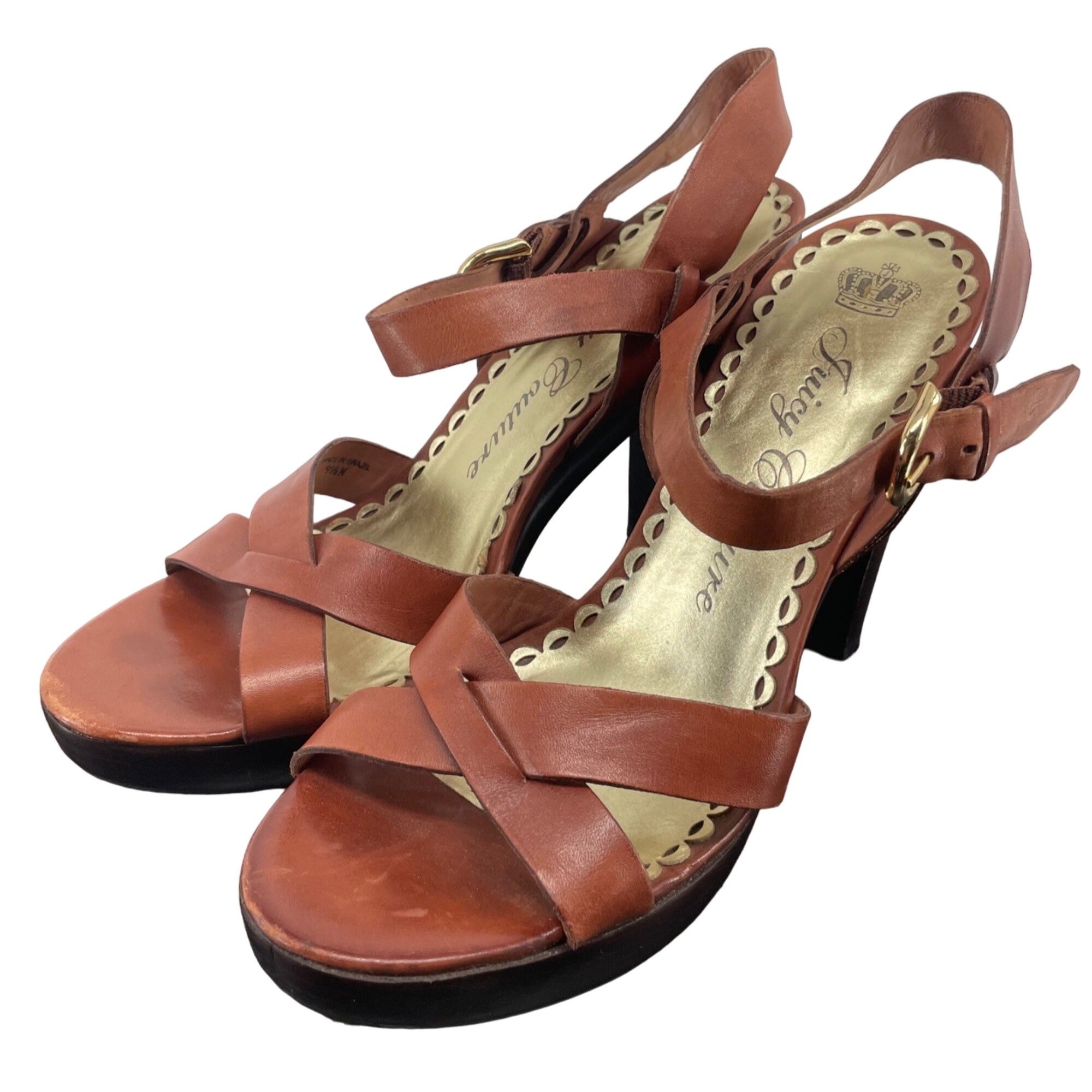 Juicy Couture Women's Size 9.5 Brown Leather 4.5" Heel Strappy Sandals