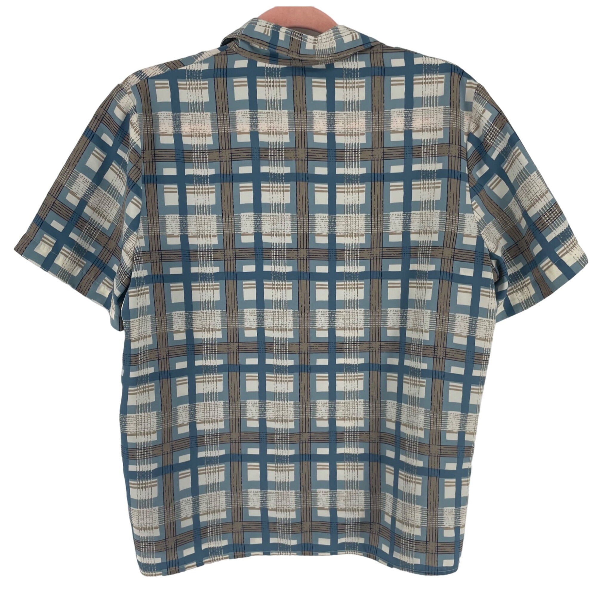 Sag Harbor Petite Women's Blue/Tan/Cream Plaid Short-Sleeved Button-Down Collared Shirt