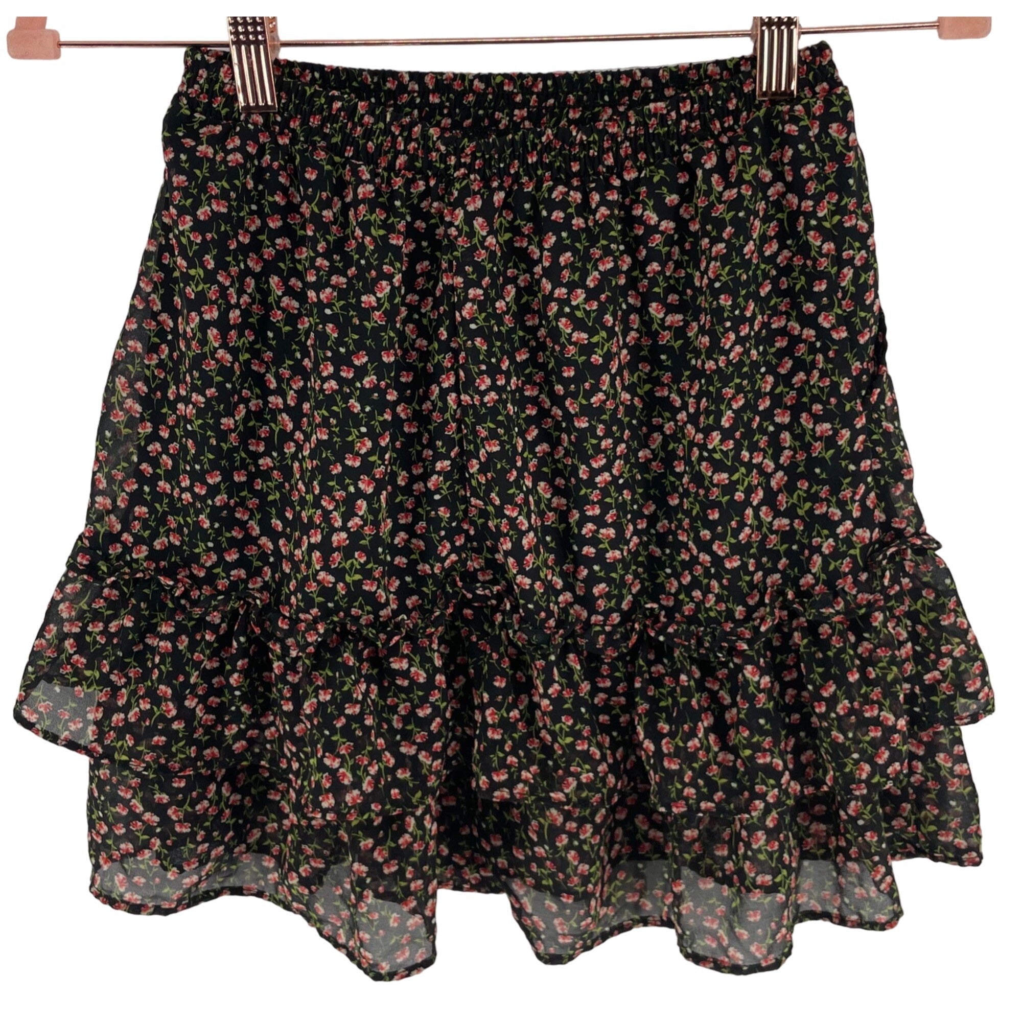 Sienna Sky Women's Size XS Black/Pink/Green Floral Ruffle Mini Skirt