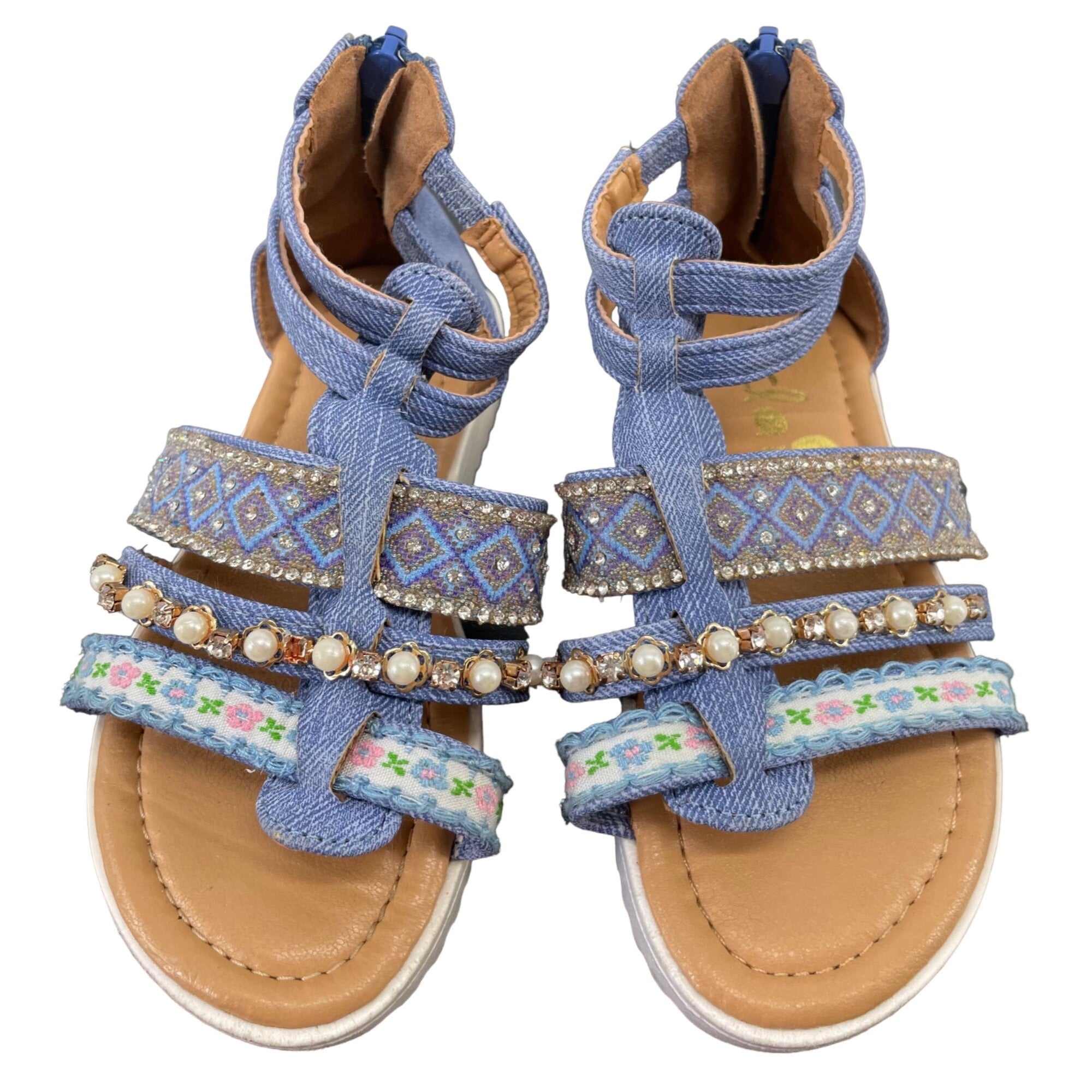 Claire Girl's Size 8 Sparkly Denim Blue Sandals W/ Rhinestones & Pearls