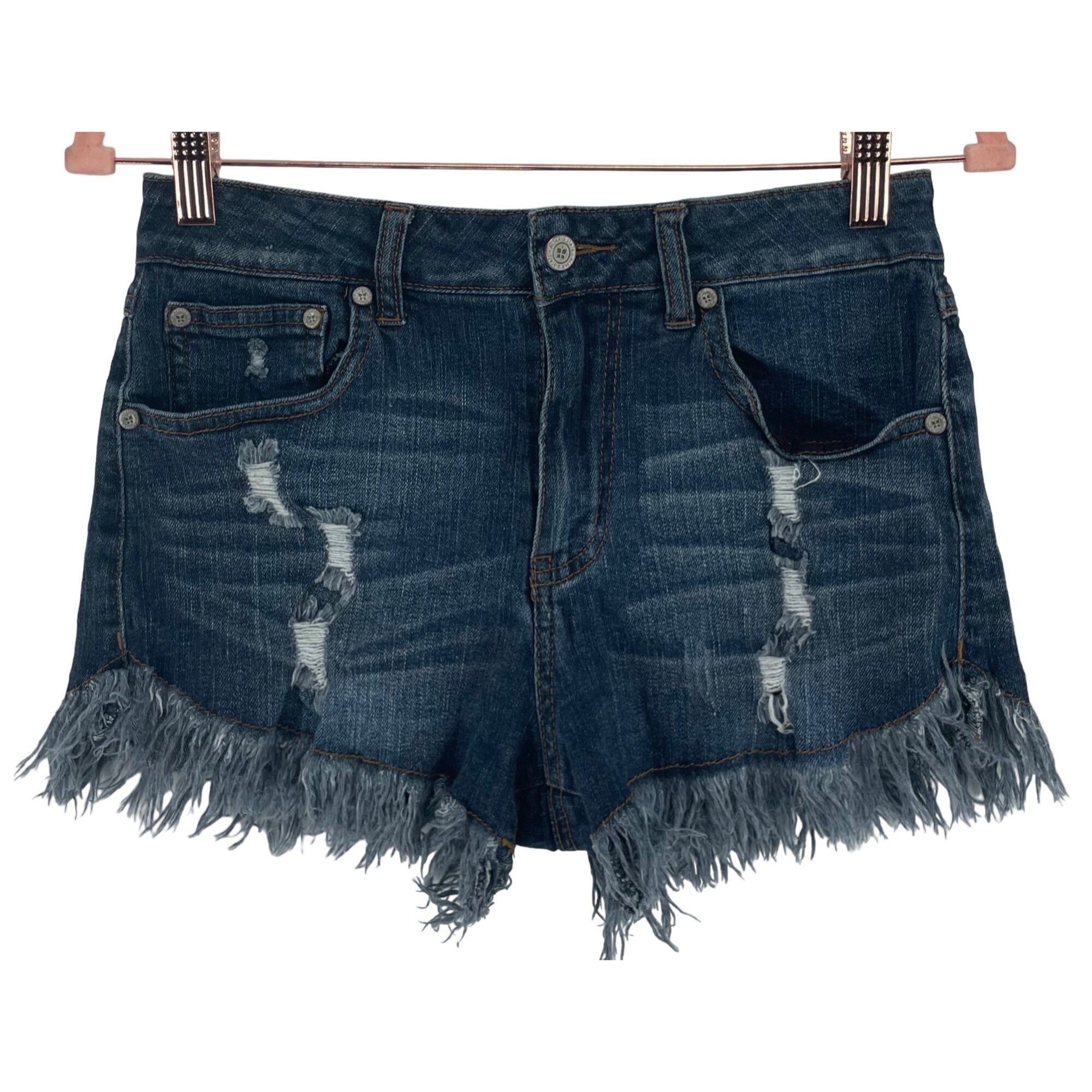 Altar'D State Women's Size 2 Distressed Fringe Blue Jean Denim High-Waisted Shorts