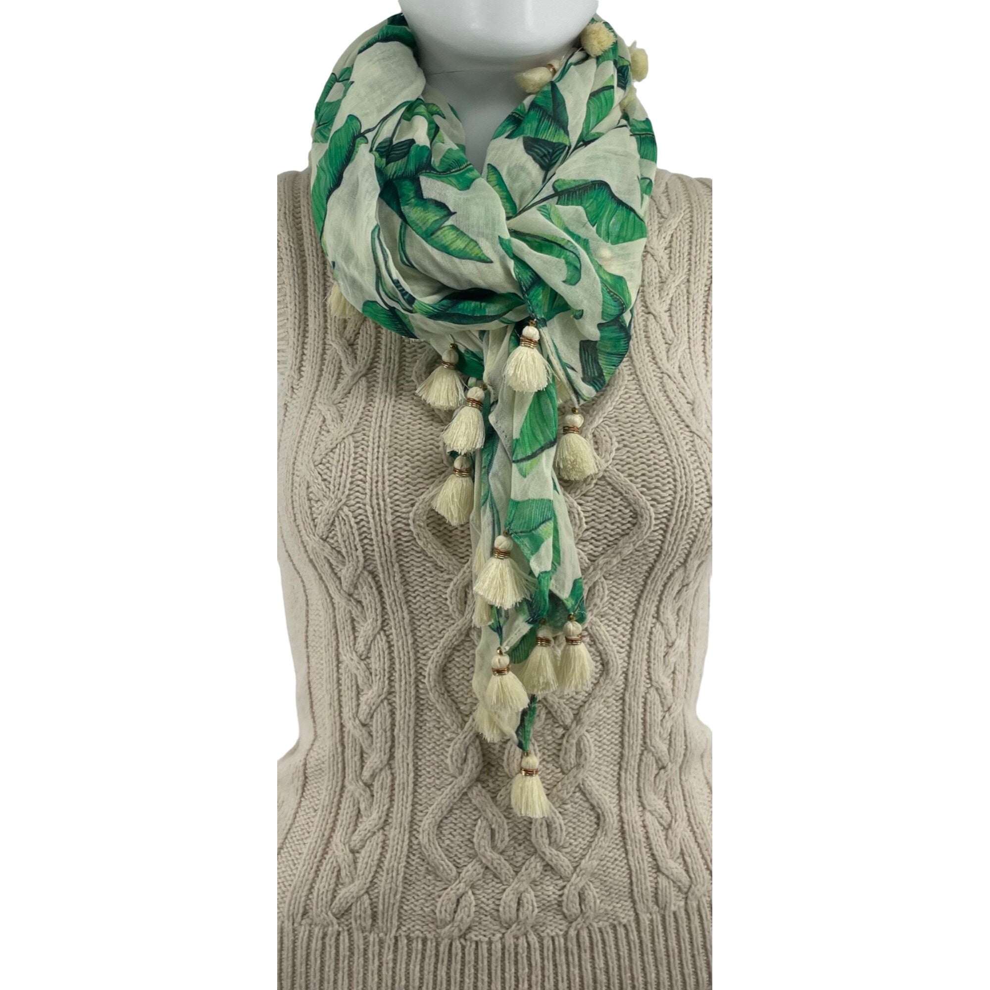 Bindya New York Women's Green & Cream Tropical Leaf Print Sheer Scarf W/ Fringe Tassels