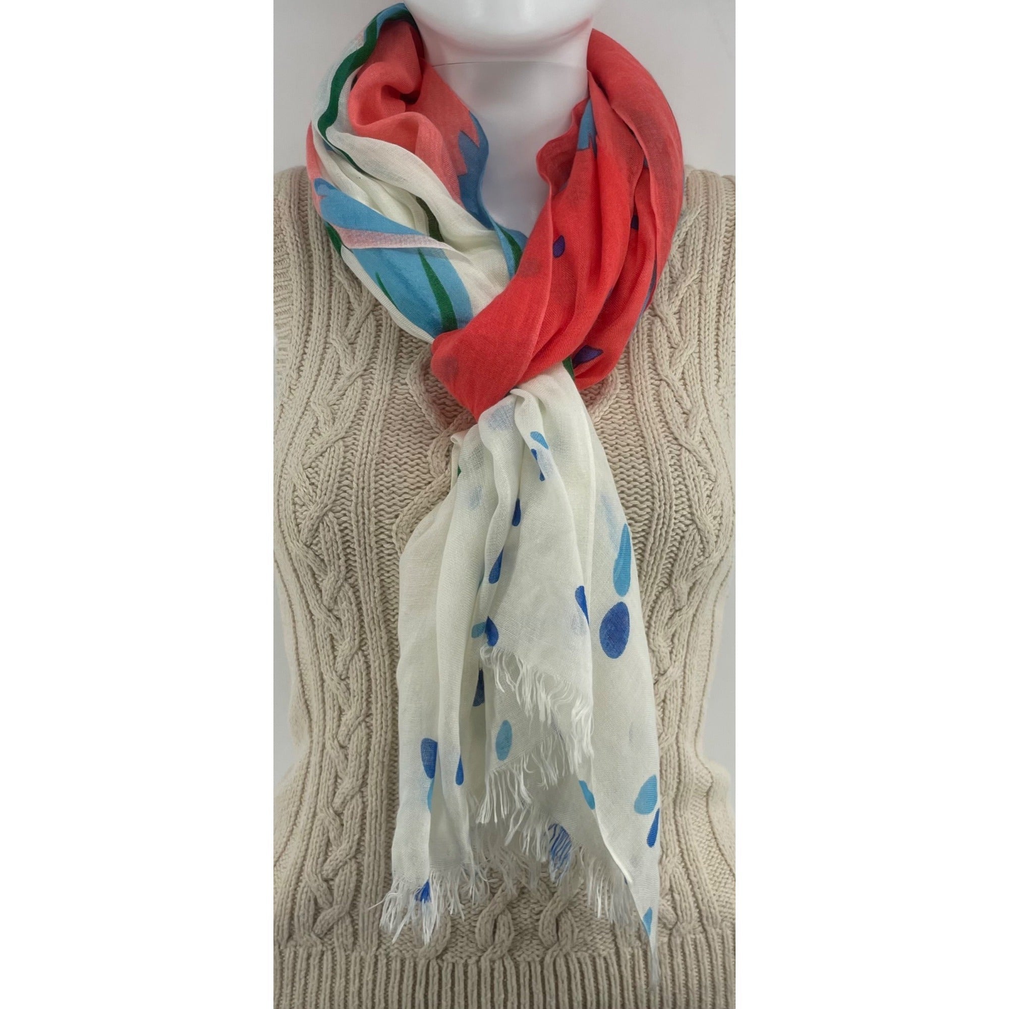 Women's Multi-Colored White Pink, Green Blue Scarf W/ Polka Dots & Fringe Hem