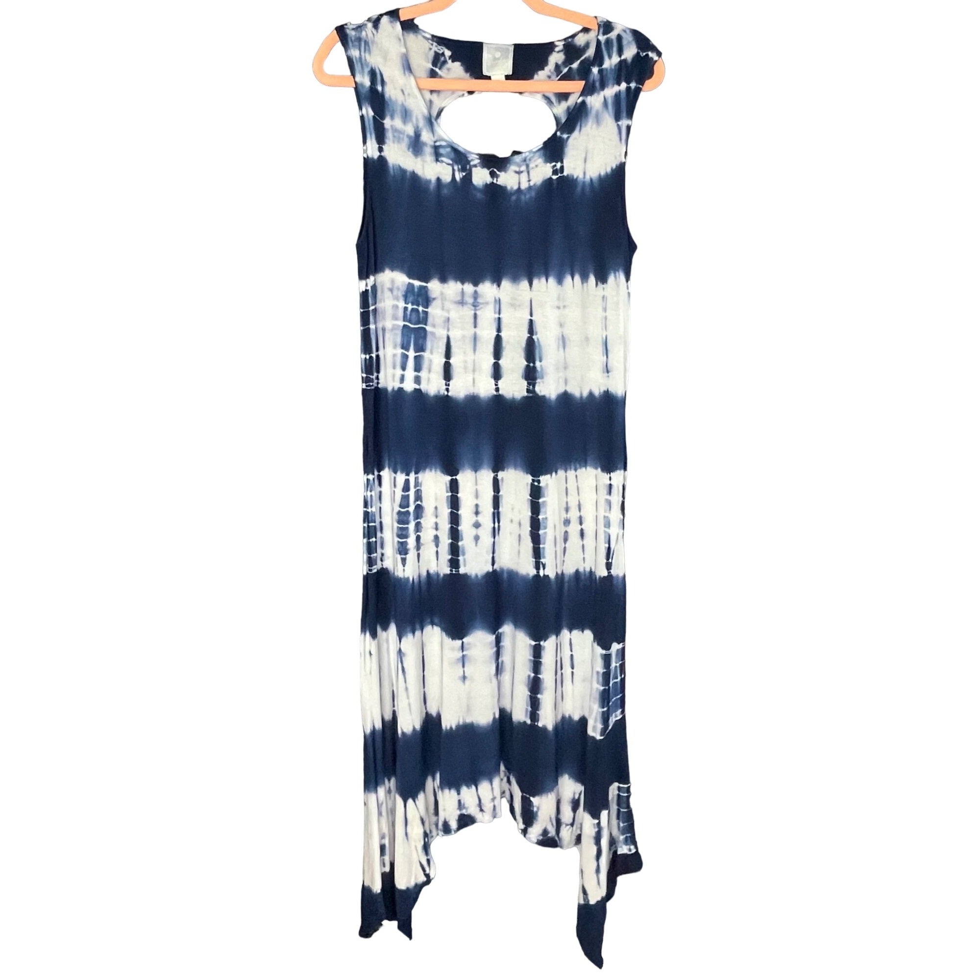 Sunday Women's Size Medium Navy Blue & White Sleeveless Tie Dye Stretchy Dress