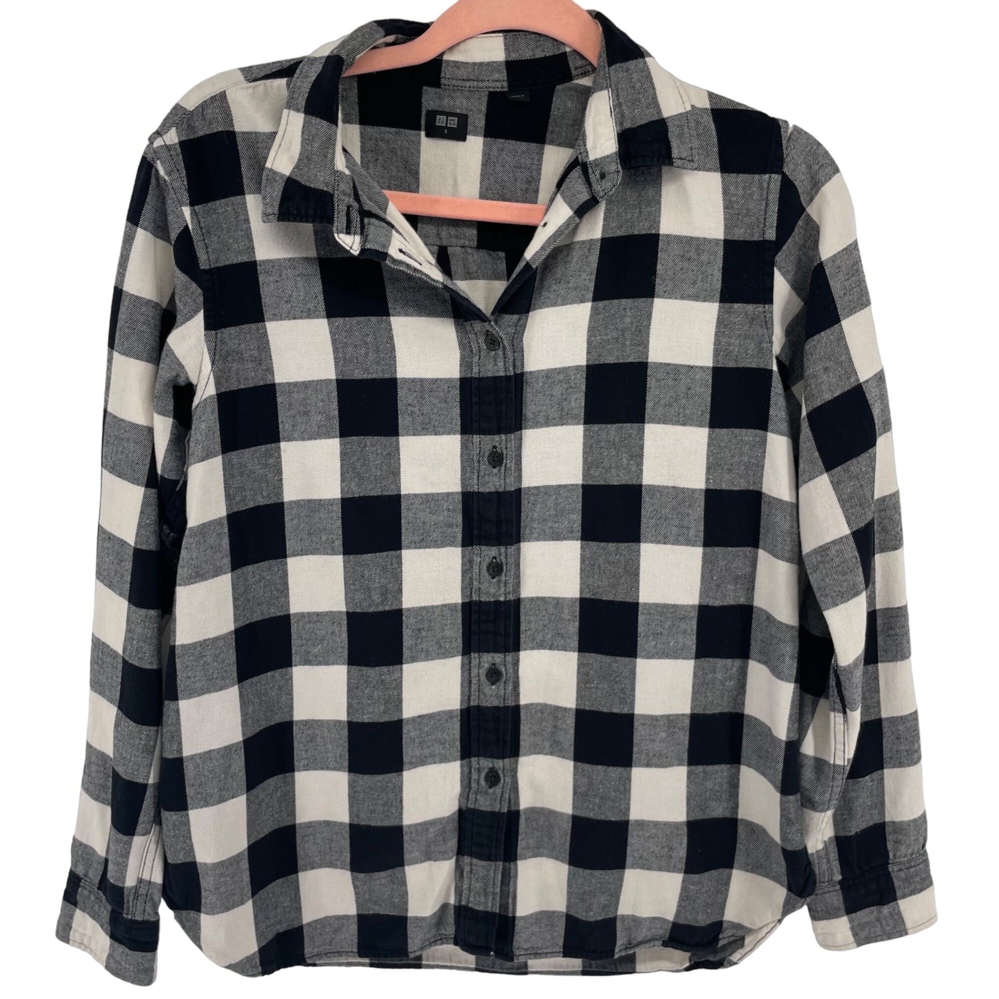 Uniqlo Unisex Size Small Black & White Checked Plaid Button-Down Shirt