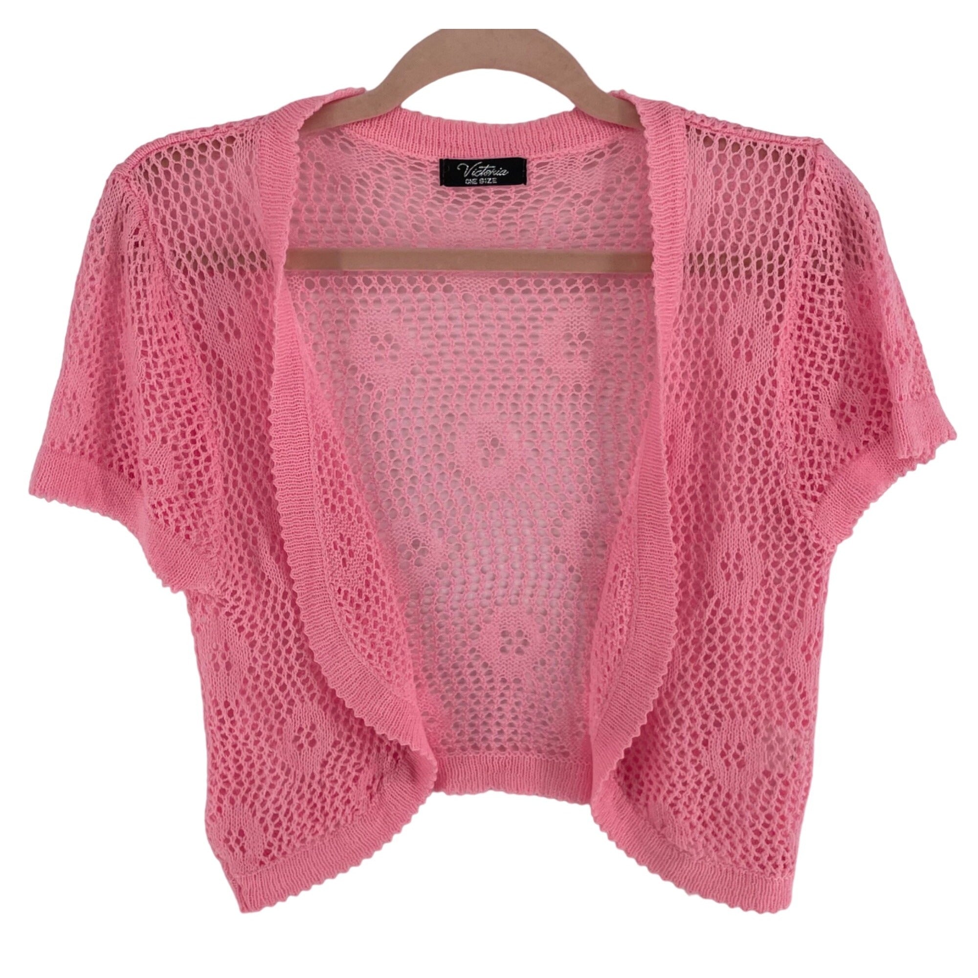 Victoria Women's One Size Fits Most Pink Sheer Mesh Knit Cropped Open Cardigan