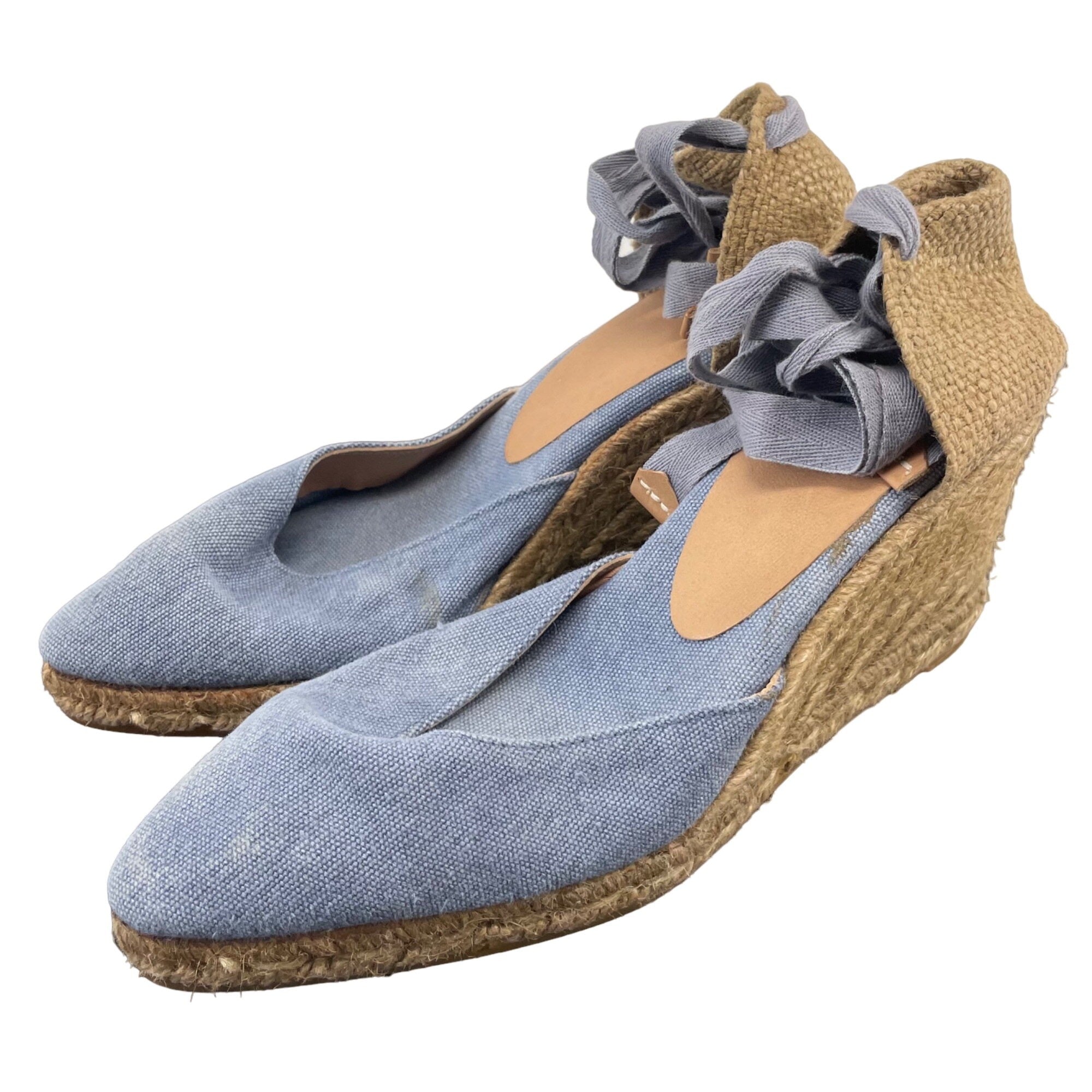 Castaner Women's Size 6.5 (37) Blue Denim & Tan Wrap Ankle Espadrilles