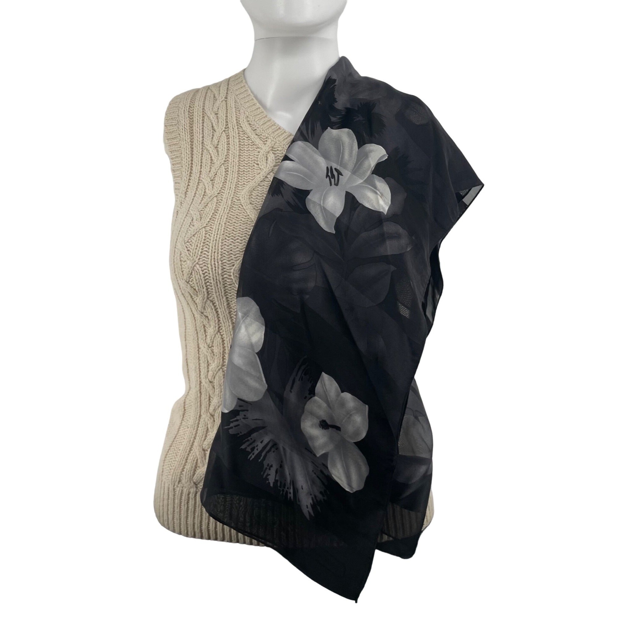 Women's Black, Grey & SIlver Sheer Floral Satin/Silk Scarf