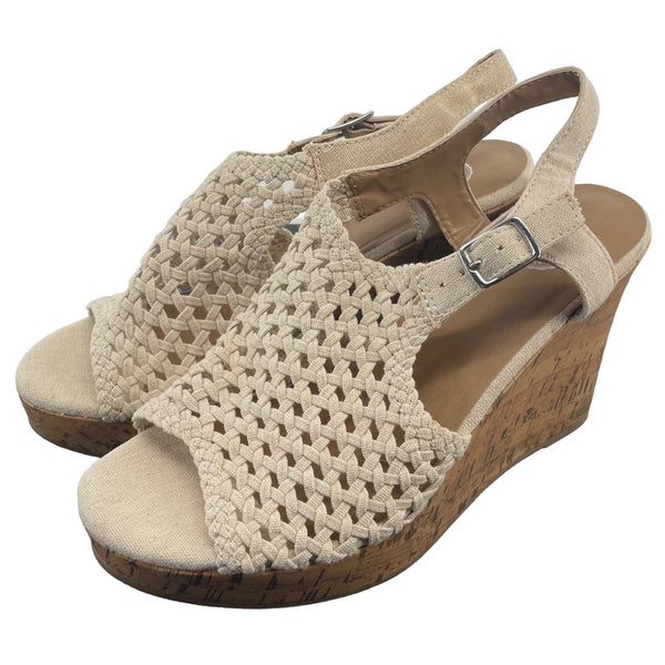 So Women's Size 9 Perch Cream & Tan Mesh Knit 4" Heel Wedge Sandal