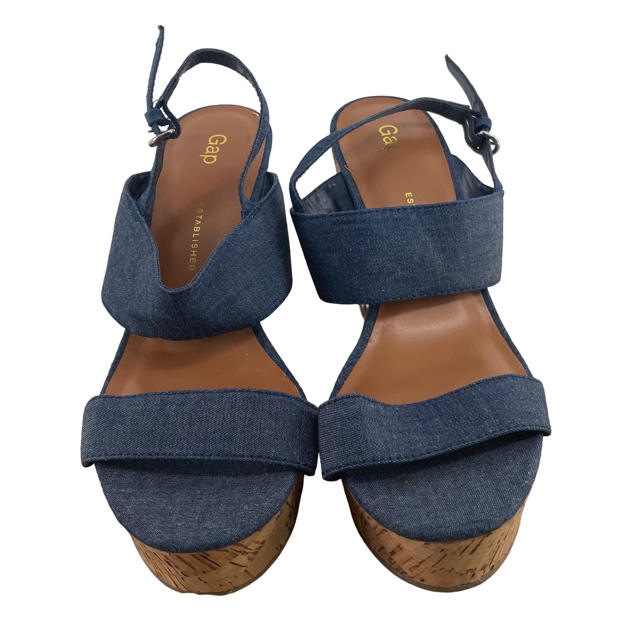 Gap Women's Size 8 Chambray Cork Wedge Open-Toe 4" Heel Espadrille Platform Strappy Sandals