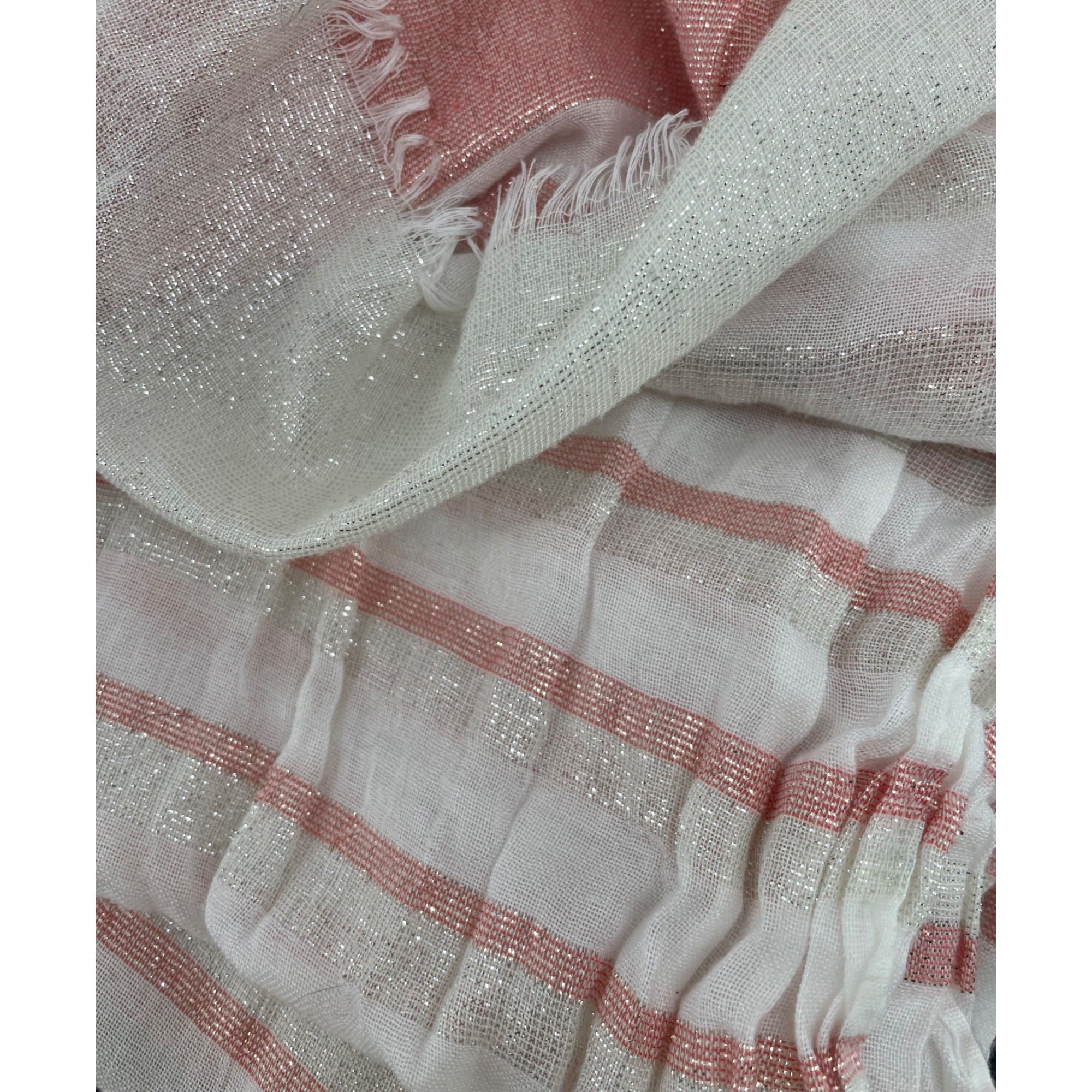 Women's White, Pink & Silver Shimmery Striped Sheer Summer Scarf