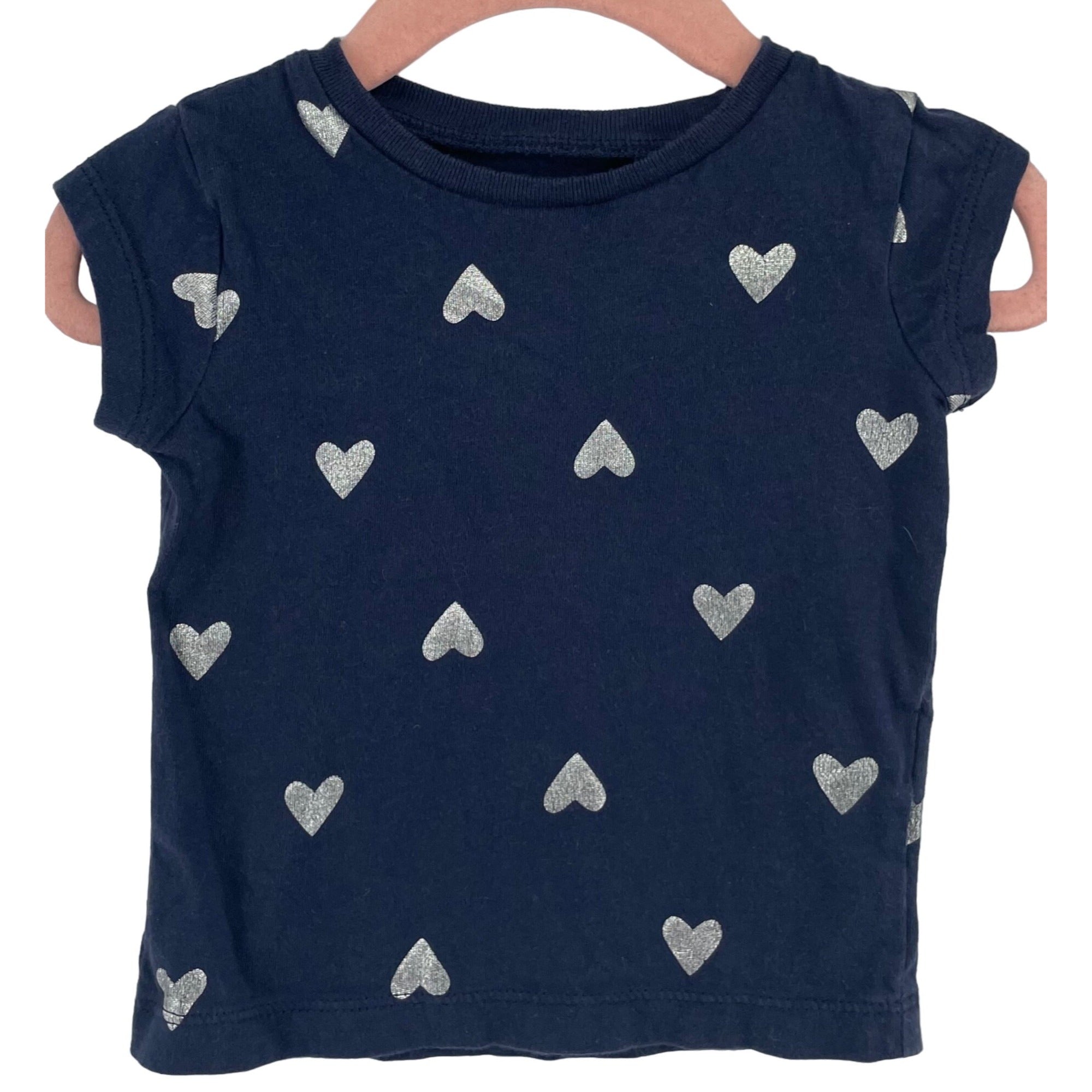 Carter's Baby Girl's Size 12 Months Navy Blue & Silver Heart Print T-Shirt