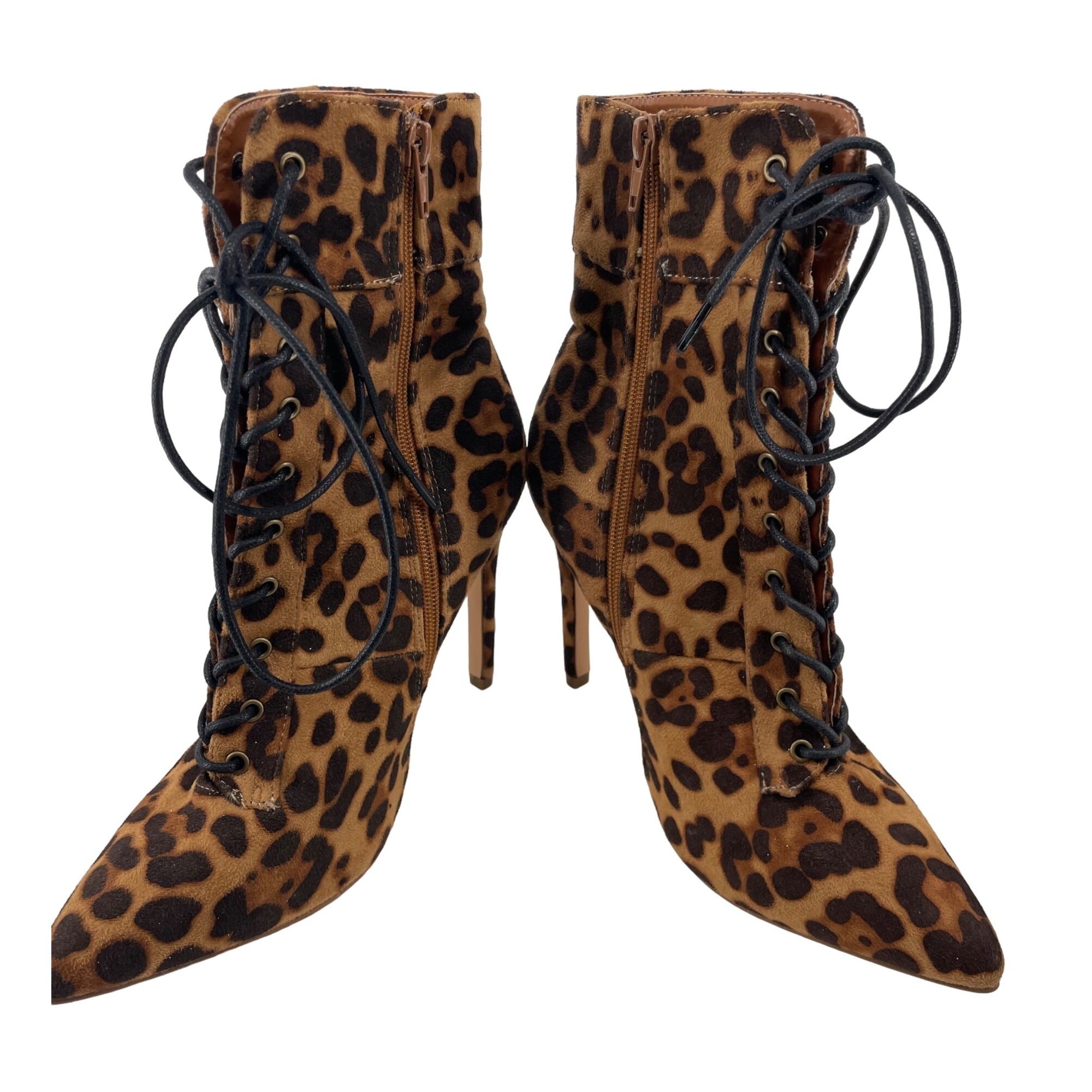 Olivia Jaymes Women’s 7.5 Leopard Print Lace-Up Ankle Booties