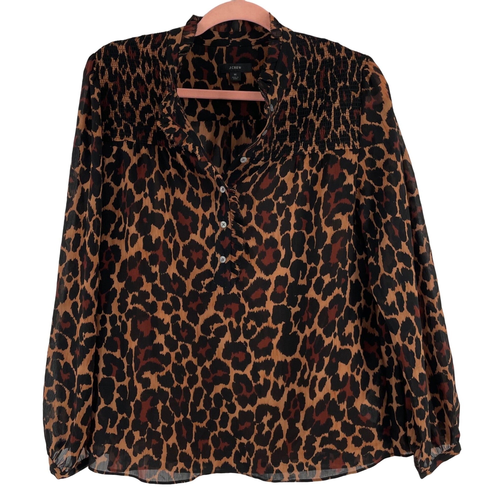 J. Crew Women's Size Medium Black/Brown Leopard Print Blouse W/ Ruffles & Attached Orange Cami