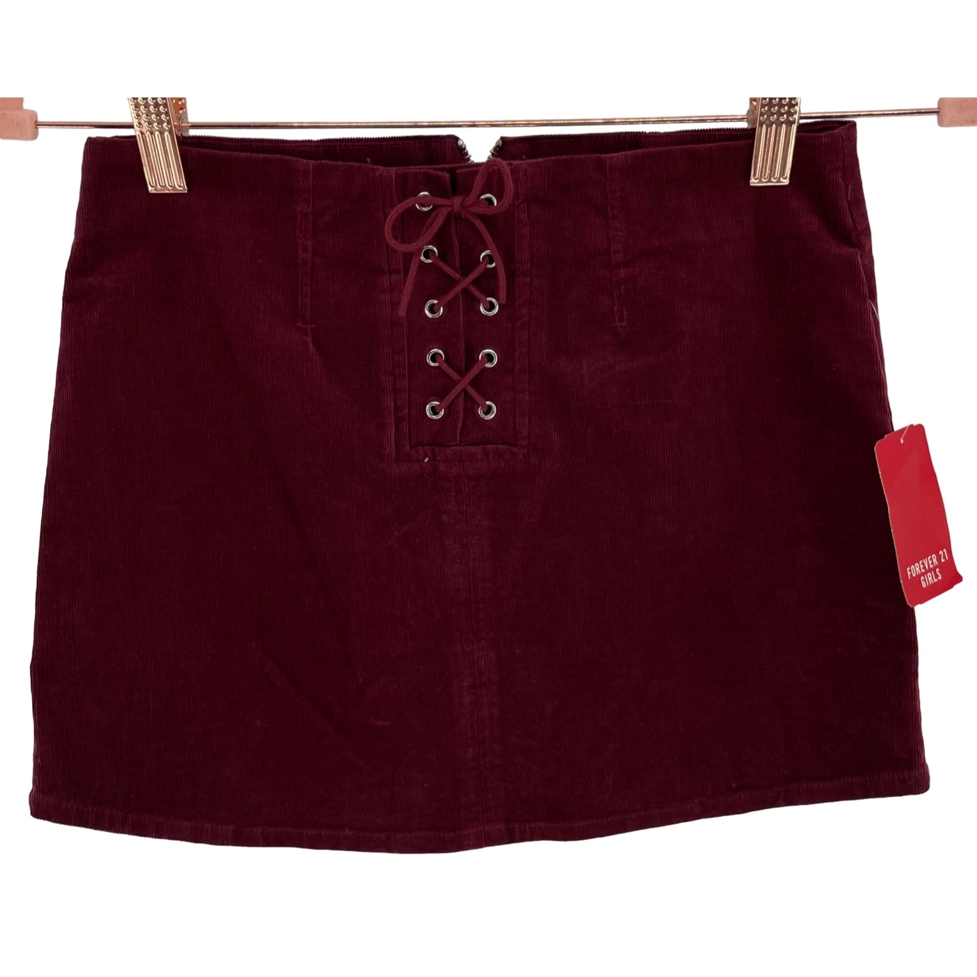 NWT Forever 21 Girl's Size 9/10 Maroon/Burgundy Corduroy Lace-Up Mini Skirt