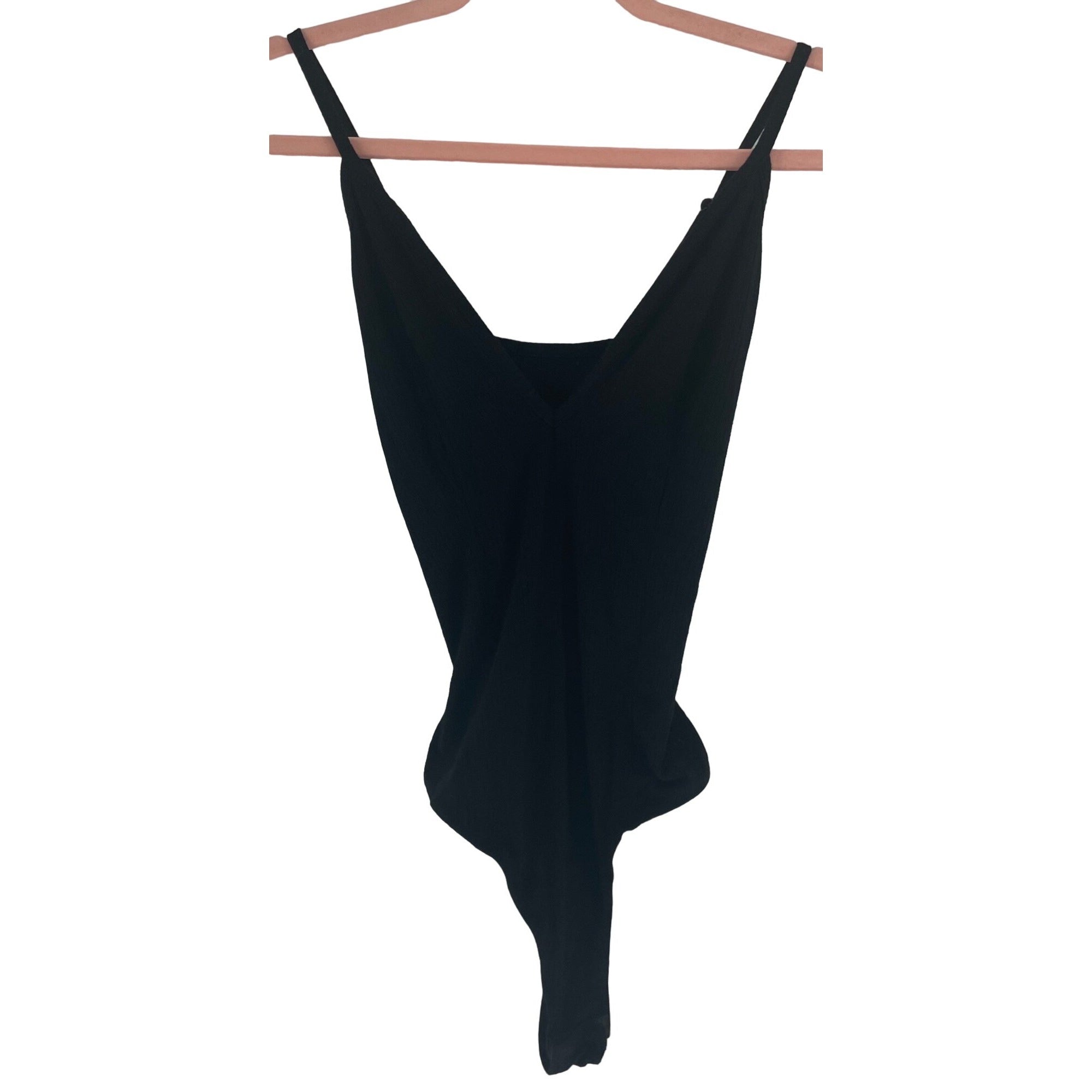 Bozzolo Women's Size Large Black Ribbed V-Neck Thong Bodysuit