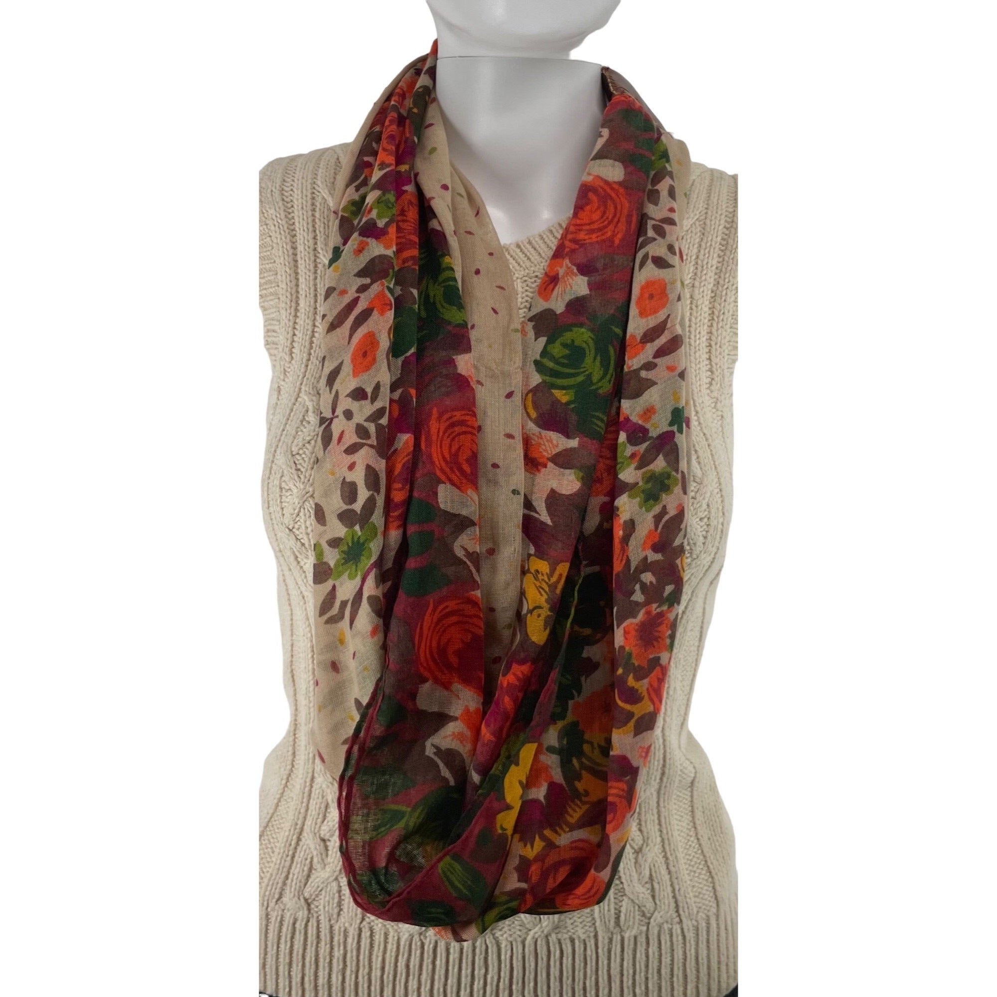 Women's Tan Scarf With Multi-Colored Floral Pattern W/ Hook Clasp