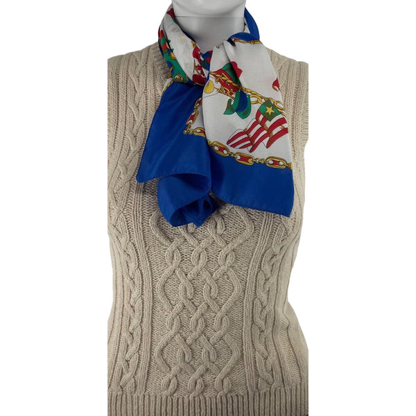 Women's White & Blue Faux Silk Sailor Scarf W/ Flags from Different Nations