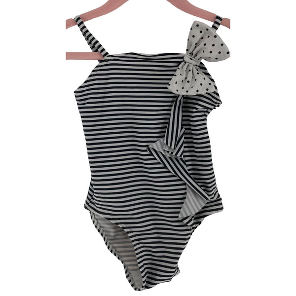 Old Navy Girl's Size 2 Toddler & Black & White Striped Swimsuit W/ Polka Dot Bow