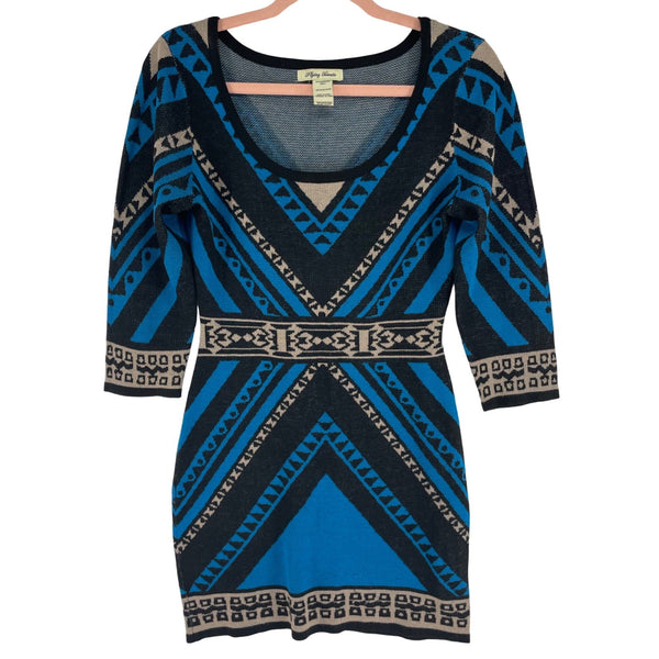 Flying Tomato Women's Size Small Blue/Black/Tan Tribal Print Sweater Dress