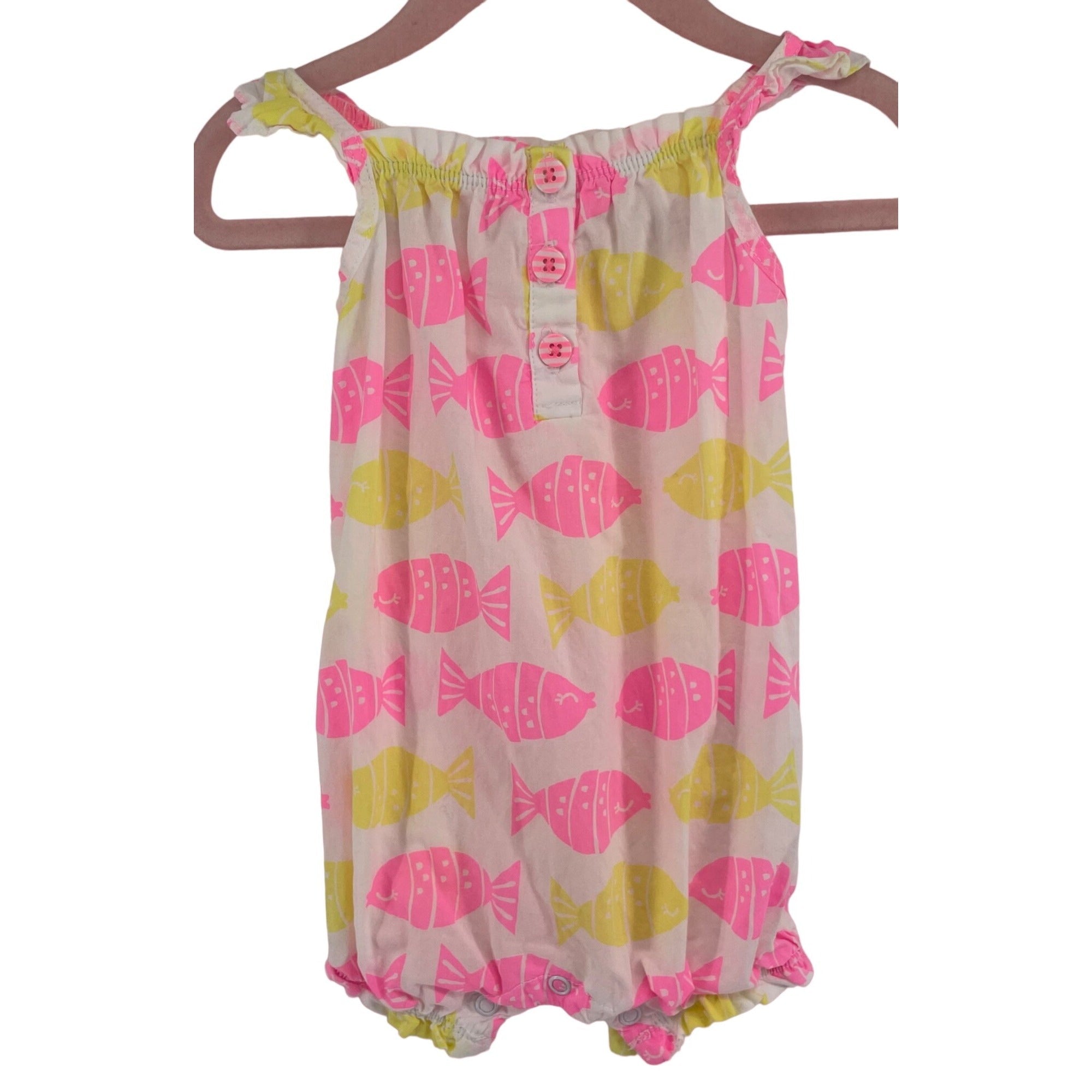 Carter's Baby Girl's Pink, Yellow & White Fish Print Ruffle Trim Sleeveless Onesie