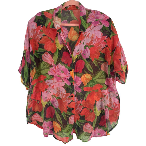 ILGWU Women's Size XXXL Vintage Floral Hawaiian Button-Down Short-Sleeved Collared Shirt