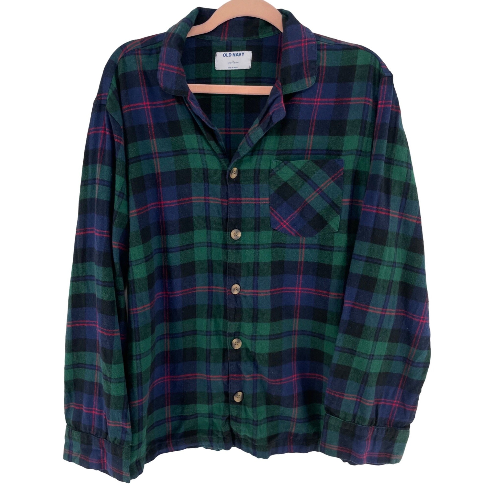 Old Navy Women's Size Large Navy Blue, Green & Red Plaid Flannel Button-Down Top