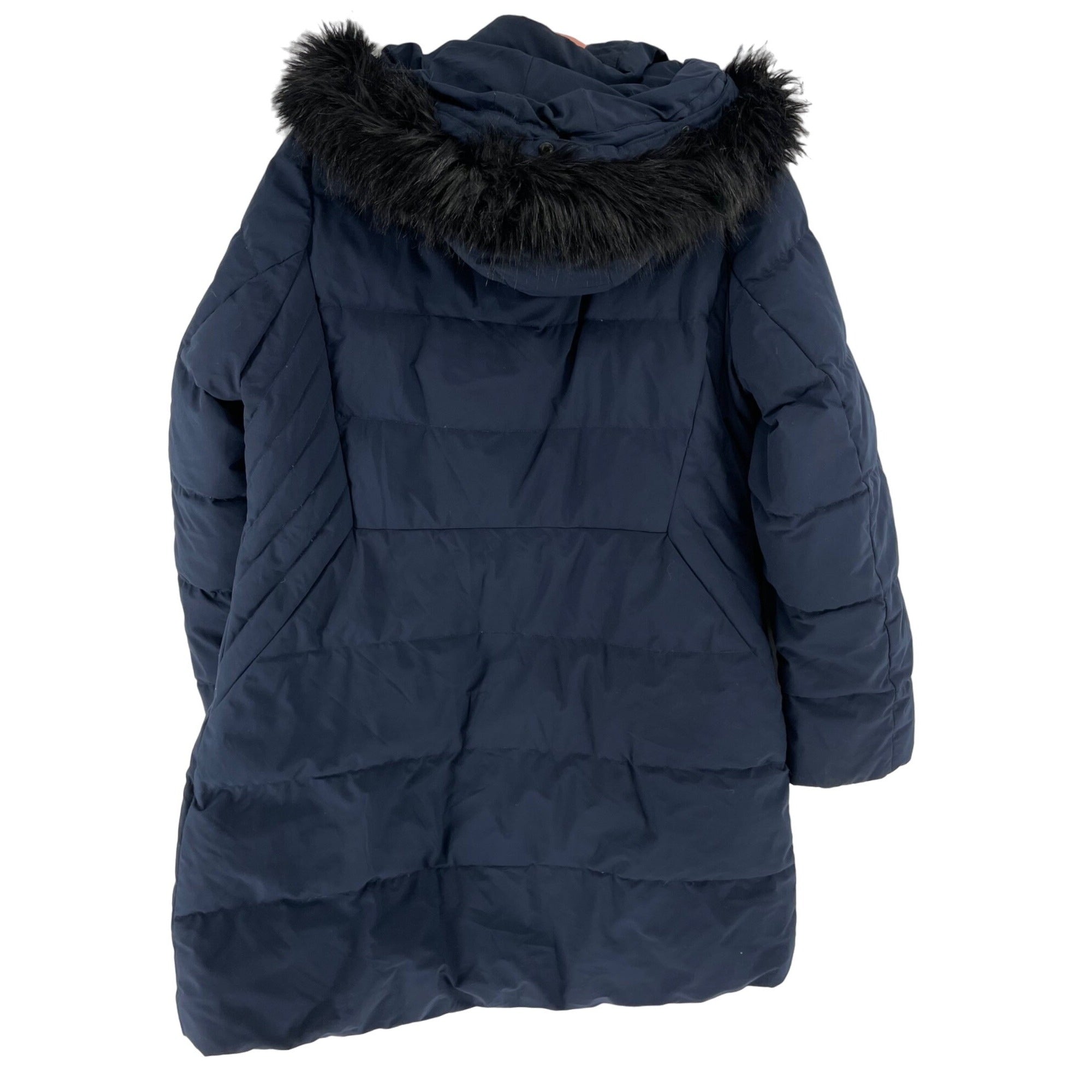 Land's End Women's Size Medium Navy Puffer Coat W/ Faux Fur Hoodie