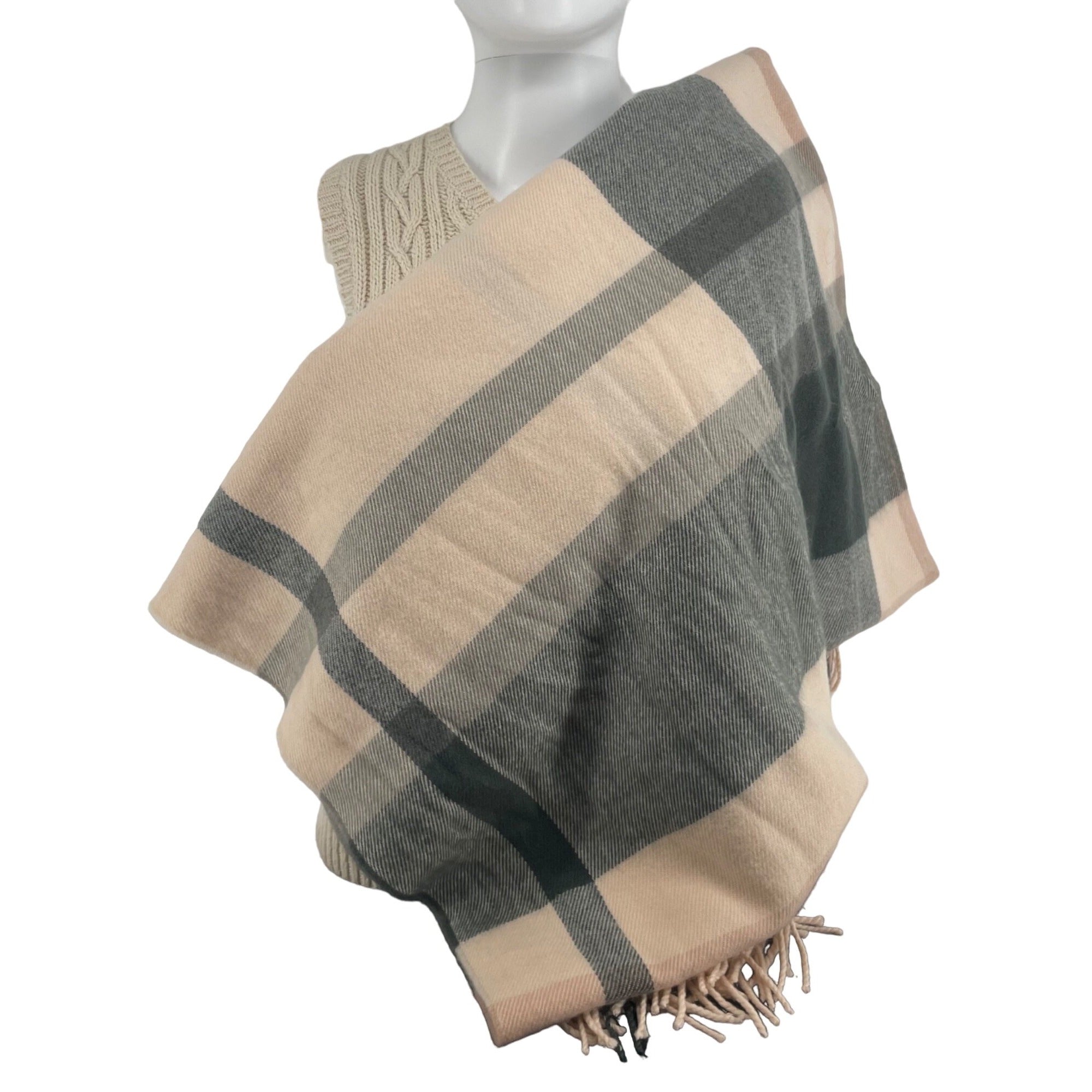 NWOT J. Crew Women's Large Grey & Light Pink Plaid Mock Wool Winter Scarf W/ Tassels