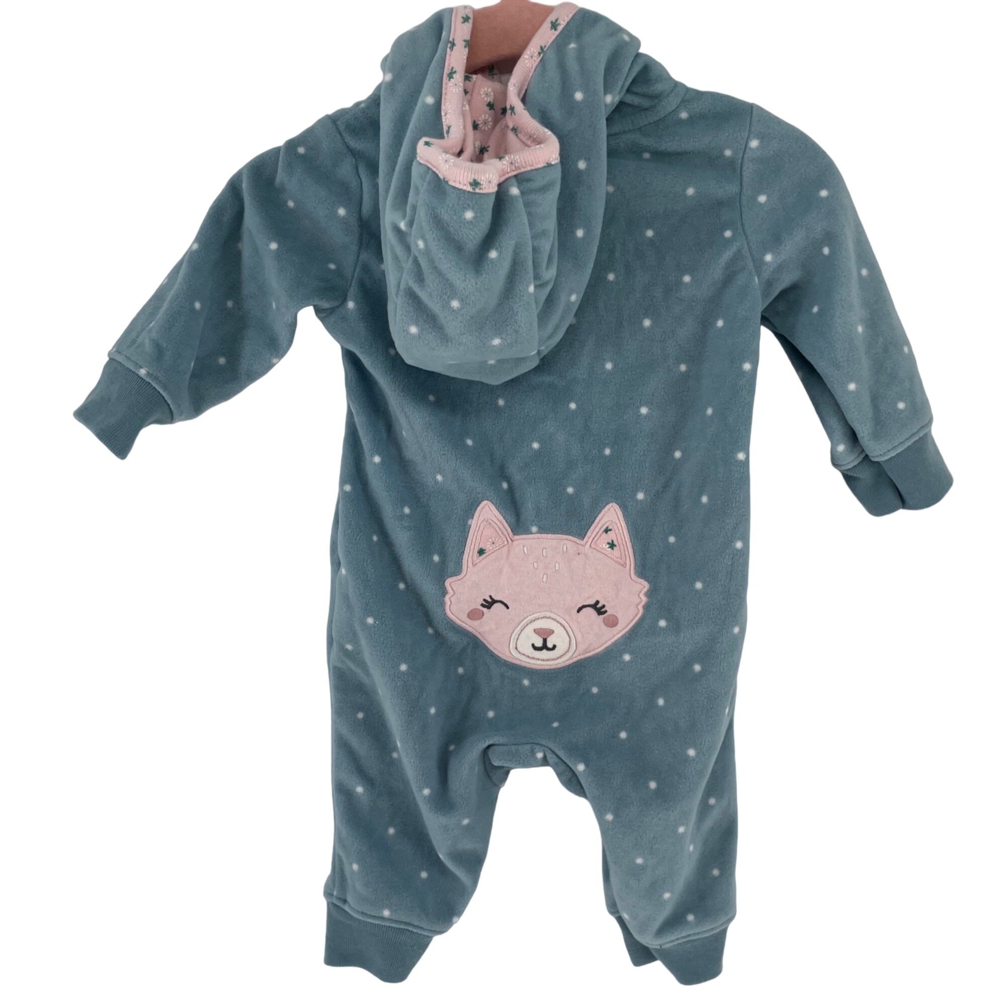 Carter's Girl's Size 3M Blue/Pink/Green Polka Dot Flannel Fox Print Onesie