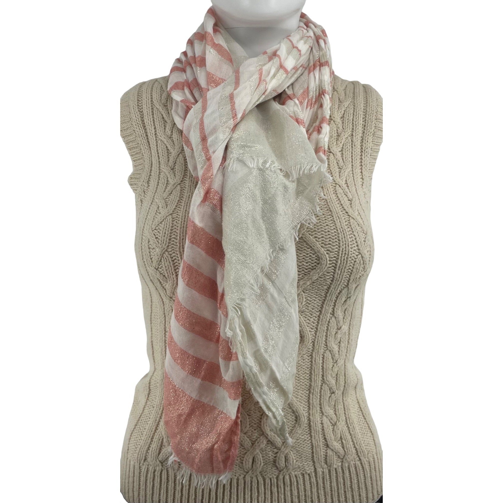 Women's White, Pink & Silver Shimmery Striped Sheer Summer Scarf