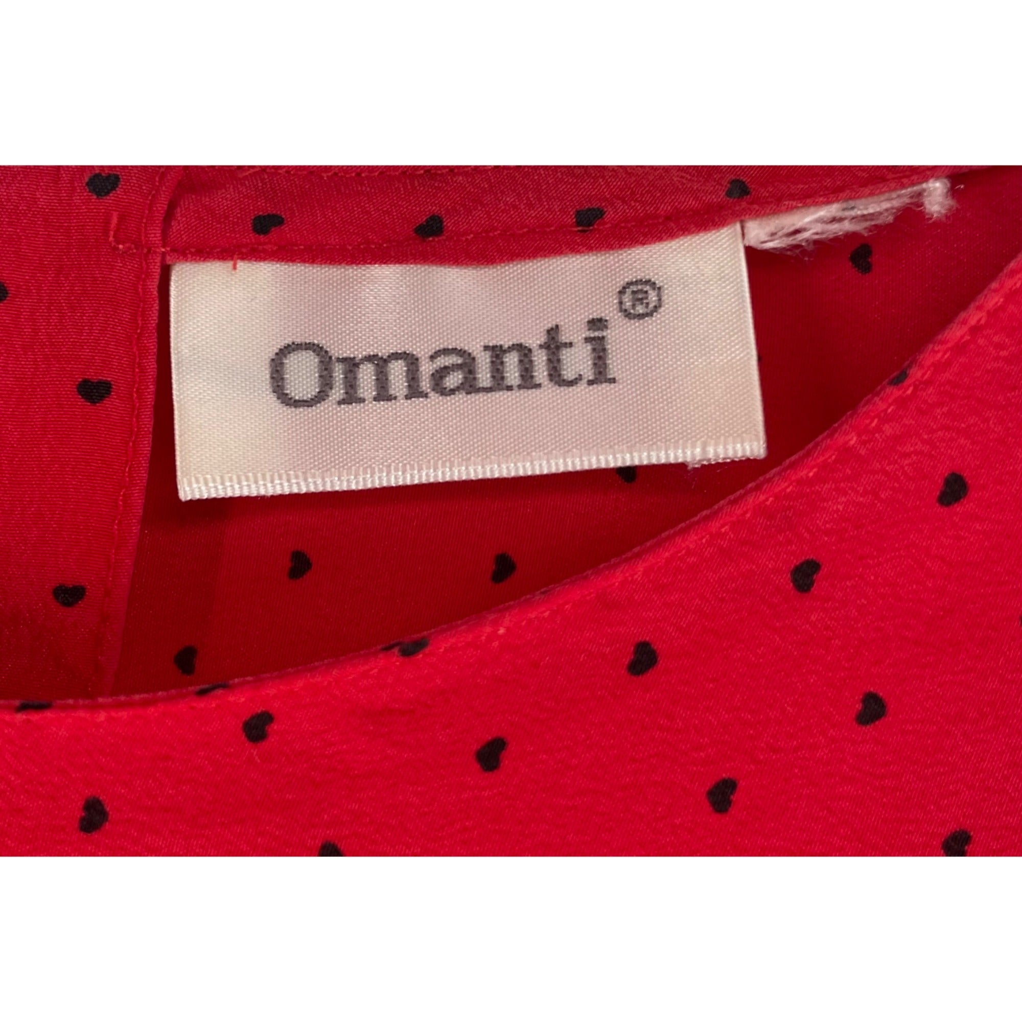 Omanti Women's Size Large Red Silk Blouse W/ Black Heart Polka Dots