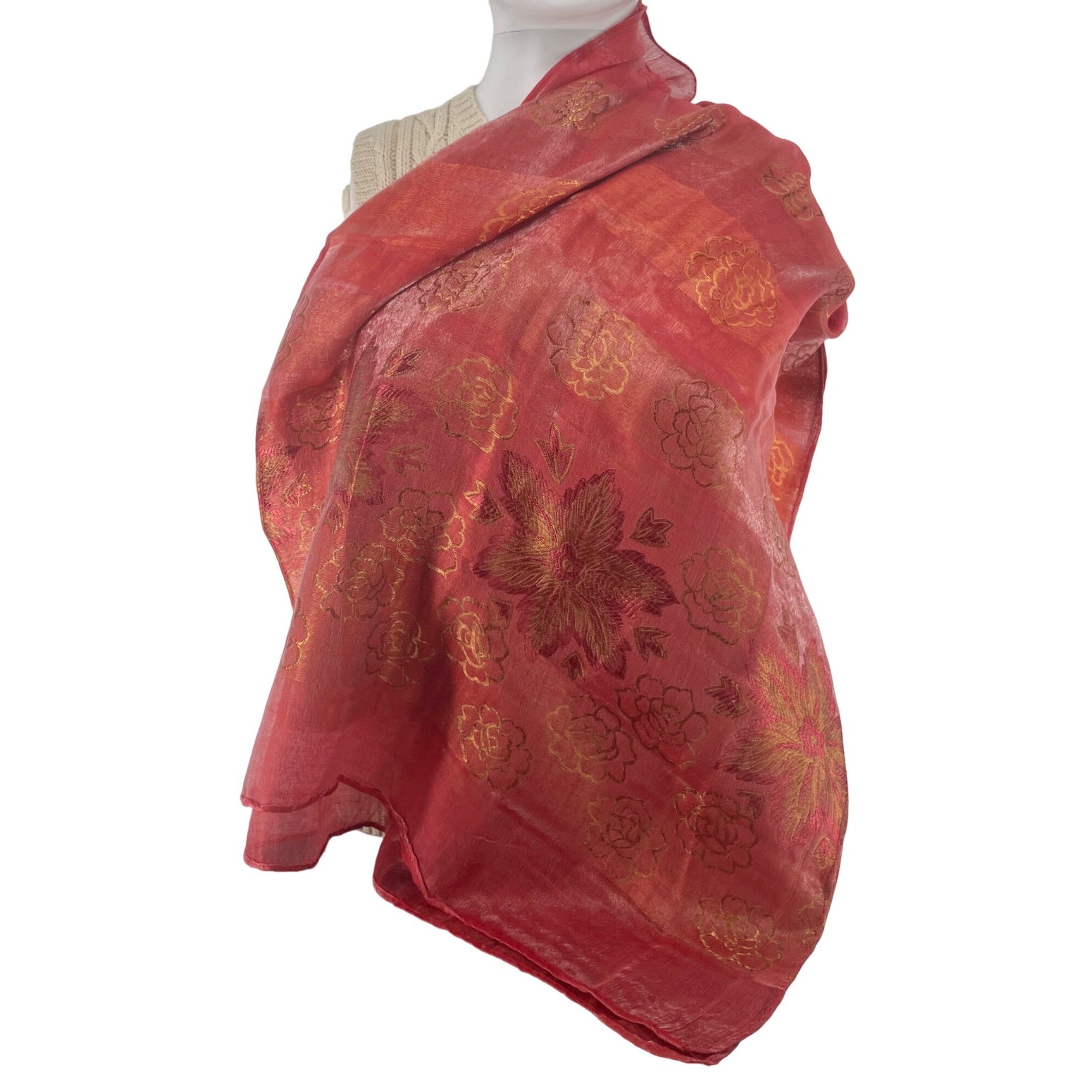 Women's Pink, Orange & Gold Sheer 100% Silk Floral Print Pashmina Scarf