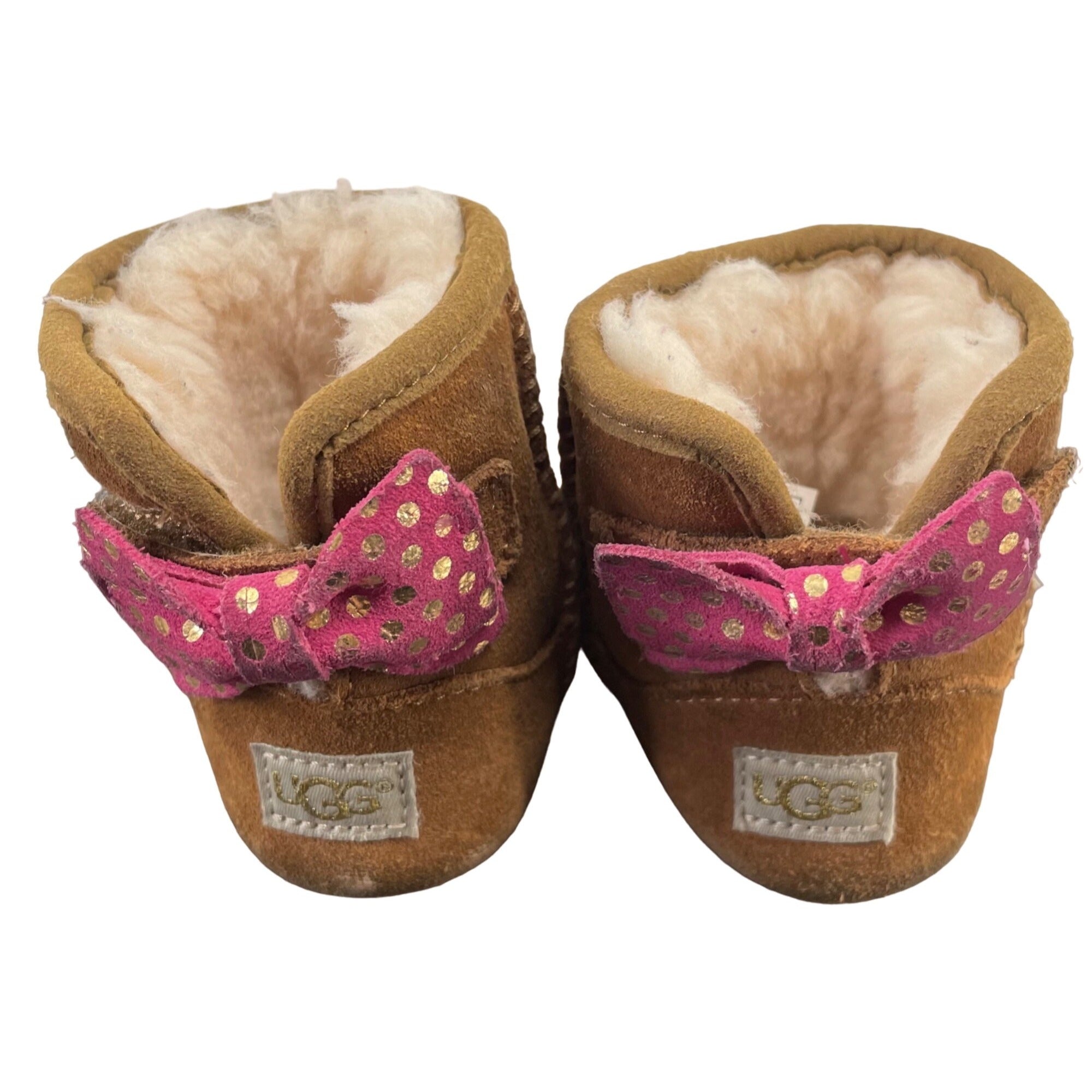 UGG Girl's Size 2/3 Toddler Brown Suede Faux Fur Trim Booties W/ Pink Bows