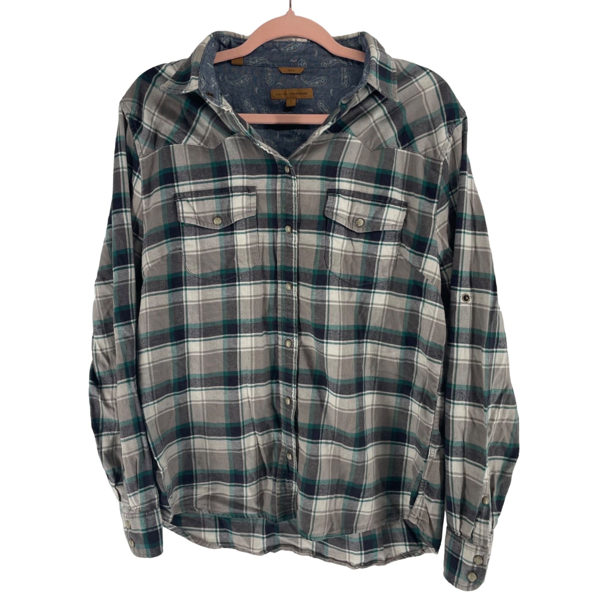 Jachs Girlfriend Bea Women's Size L Forest Green & Grey Plaid Button-Down Top
