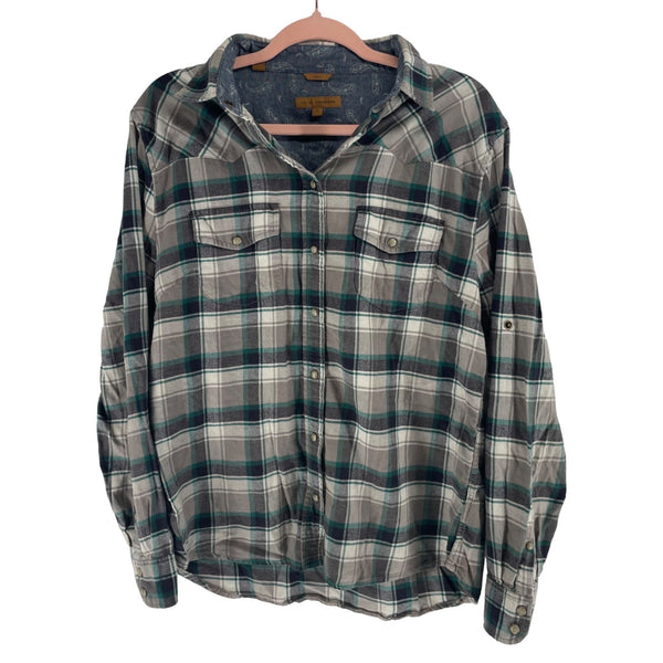 Jachs Girlfriend Bea Women's Size L Forest Green & Grey Plaid Button-Down Top