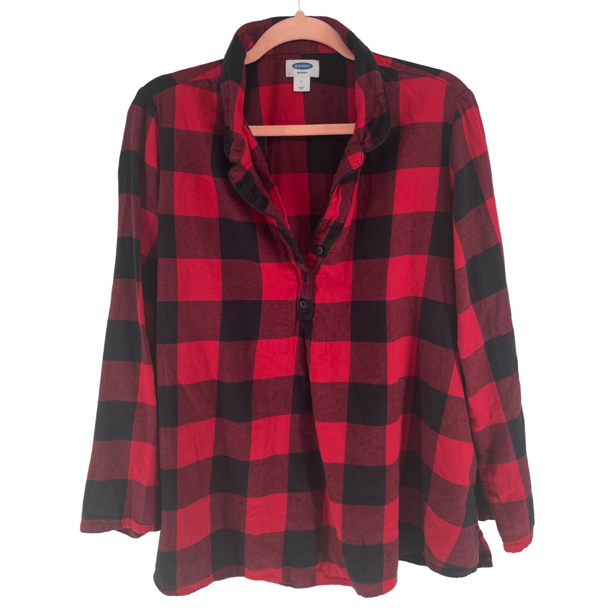 Old Navy Maternity Women's Size Large Red & Black Checked Flannel Button-Down