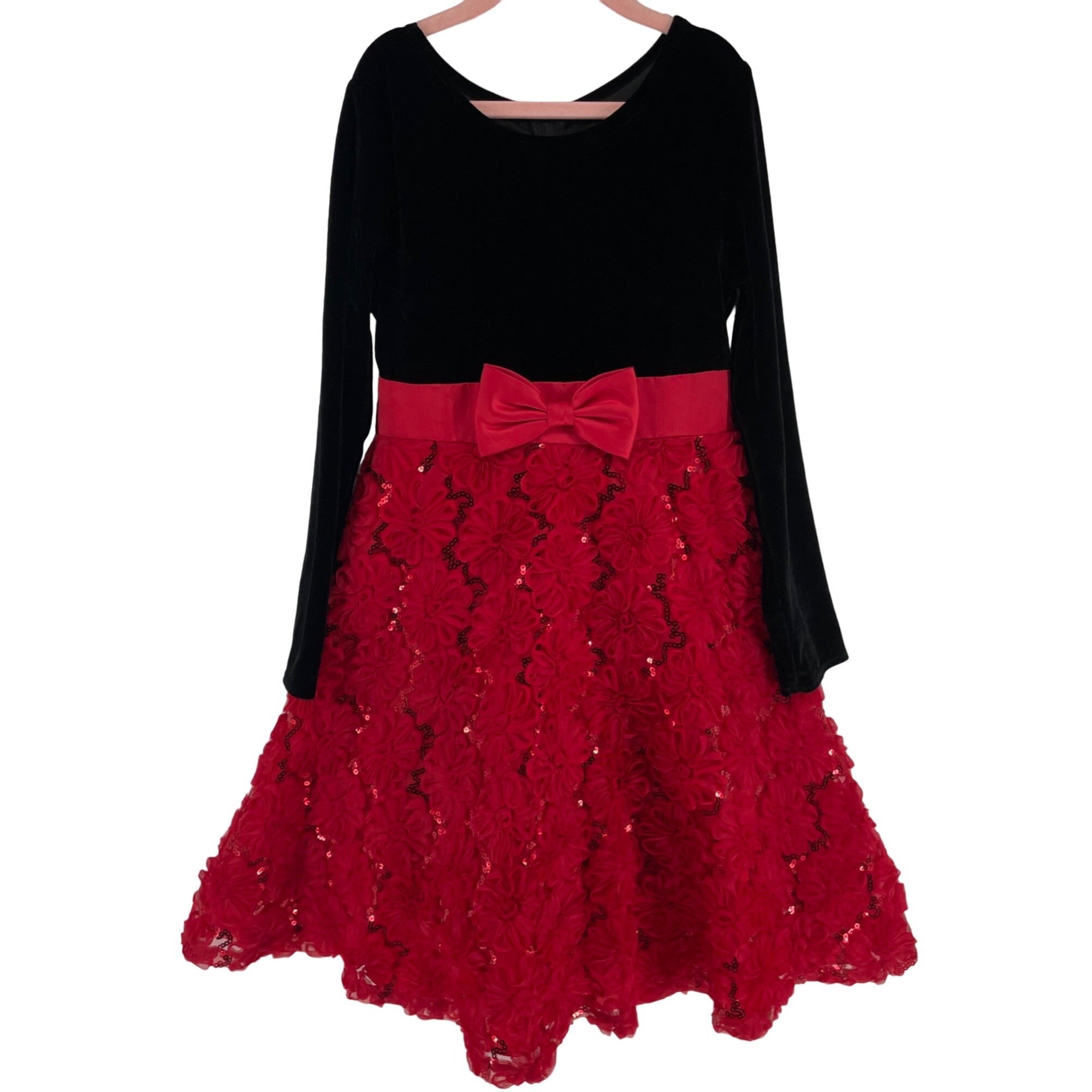 Bonnie Jean Girl's Size 10 Red & Black Floral Velvet Christmas Party Dress