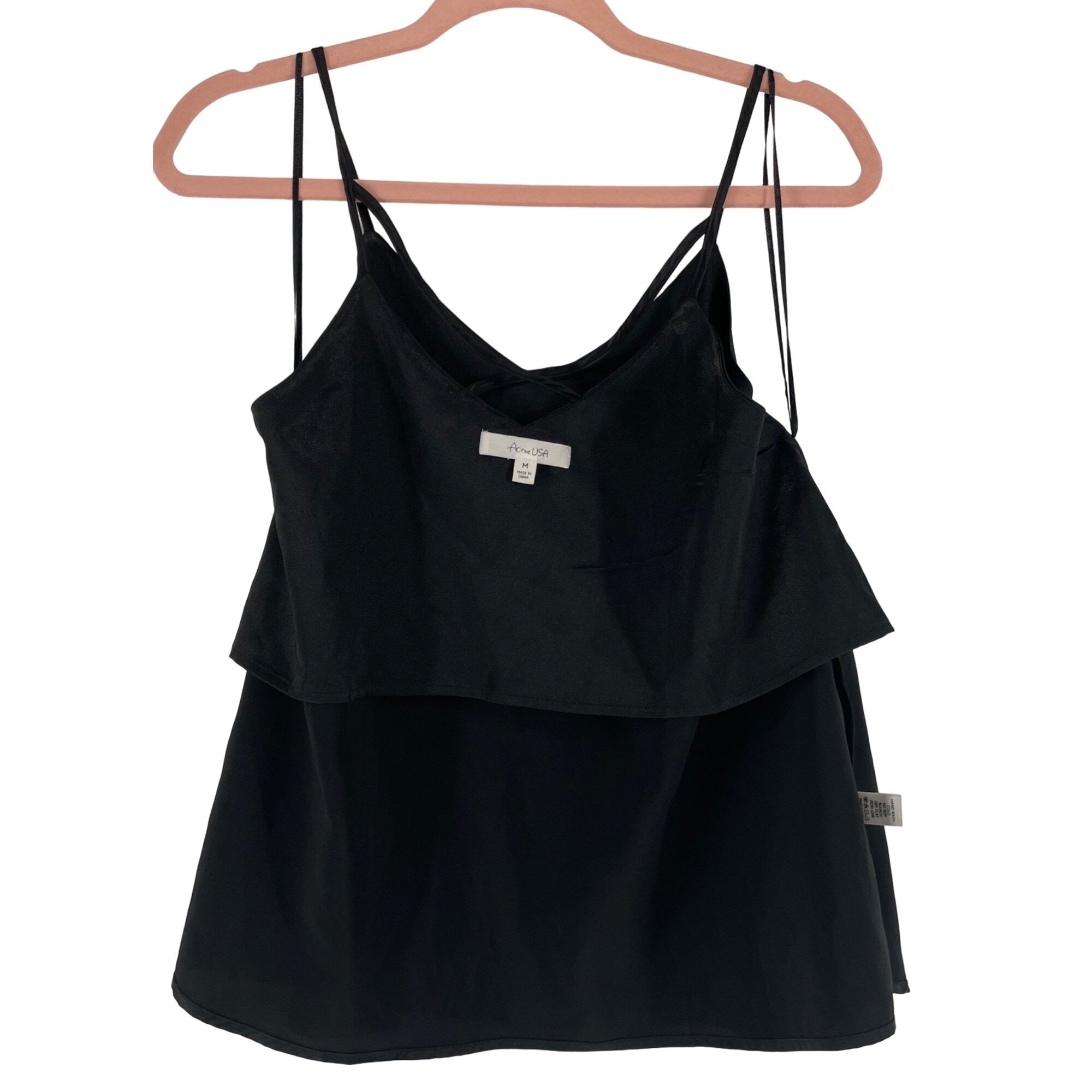 Active USA Women's Size Medium Black Satin Spaghetti Strap Cami Top