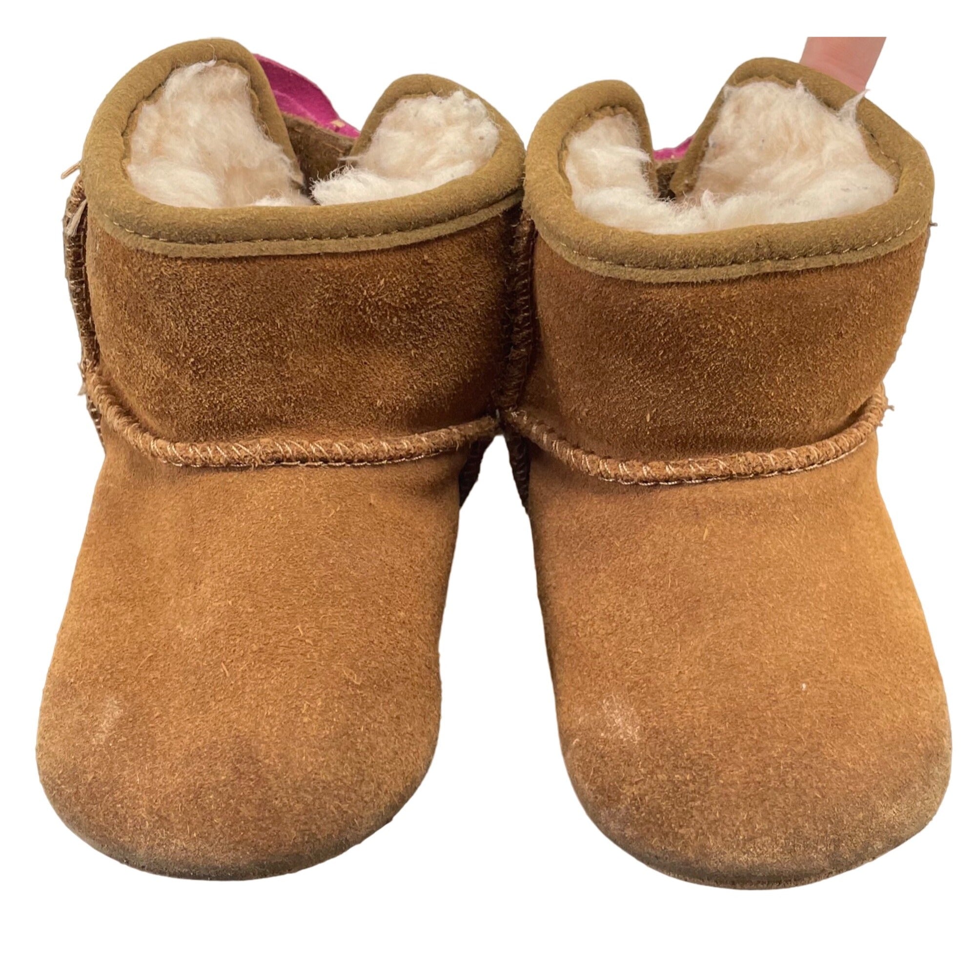 UGG Girl's Size 2/3 Toddler Brown Suede Faux Fur Trim Booties W/ Pink Bows