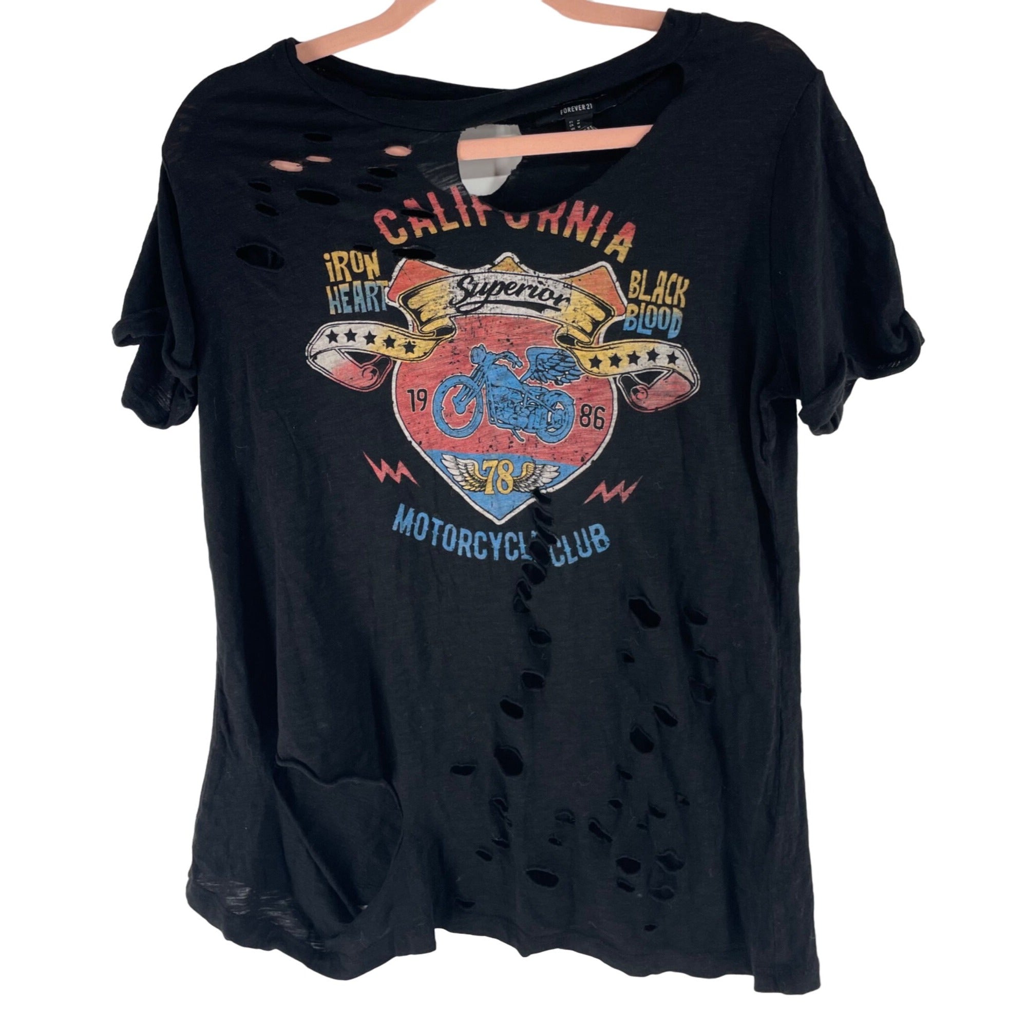 Forever 21 Women's Size Medium Black Distressed Motorcycle Club Graphic T-Shirt