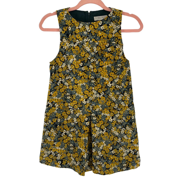 Zara Girls Size 11/12 Yellow, Teal & White Corduroy Sleeveless Pleated Floral Dress