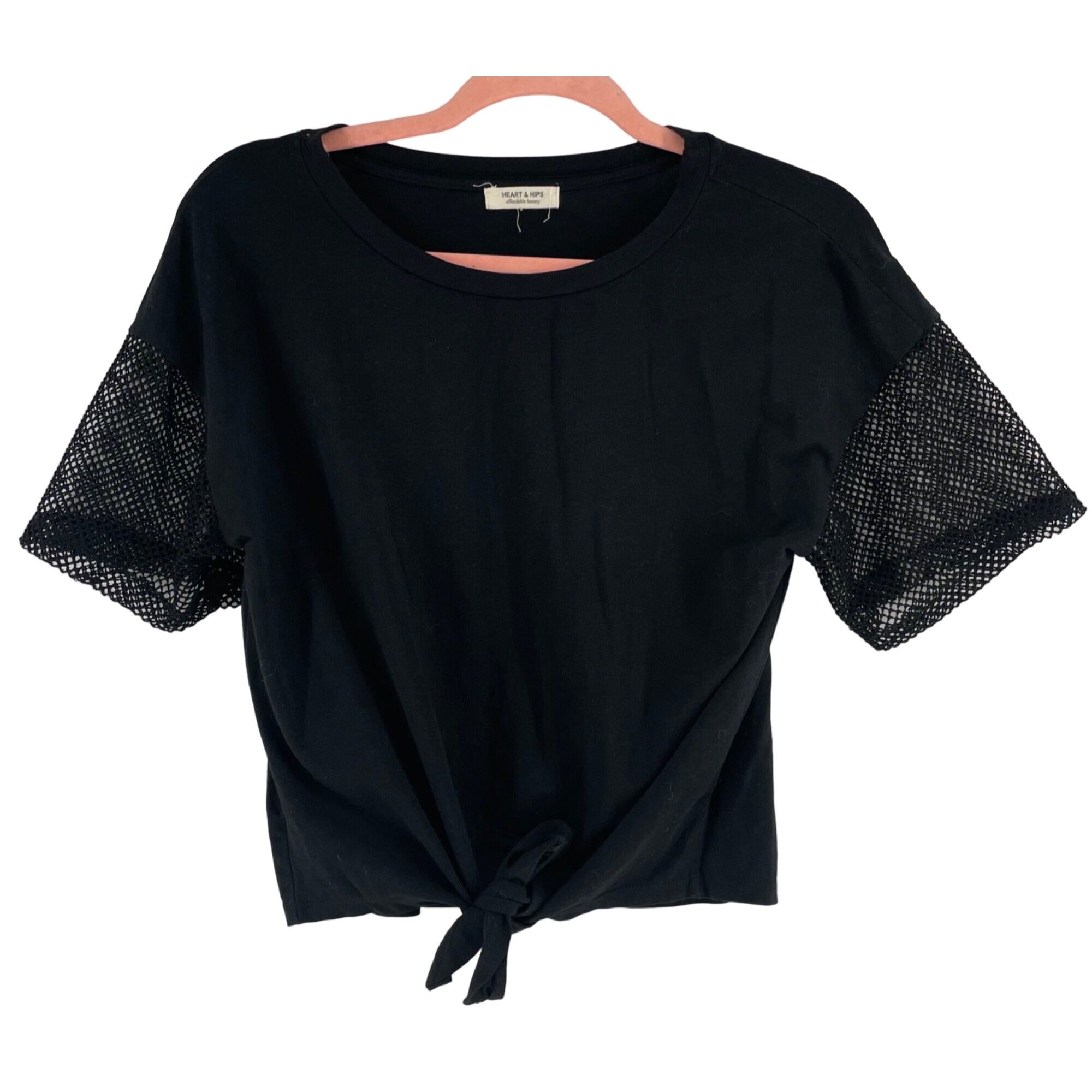 Heart & Hips Women's Size Medium Black Short-Sleeved Shirt W/ Mesh Sleeves & Twisty Tie