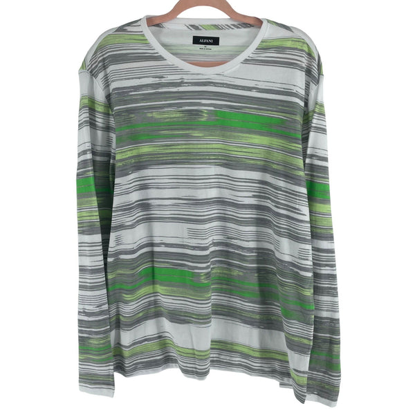 NWT Alfani Men's Size XL Green, White & Grey Long-Sleeved Crew Neck Striped Top